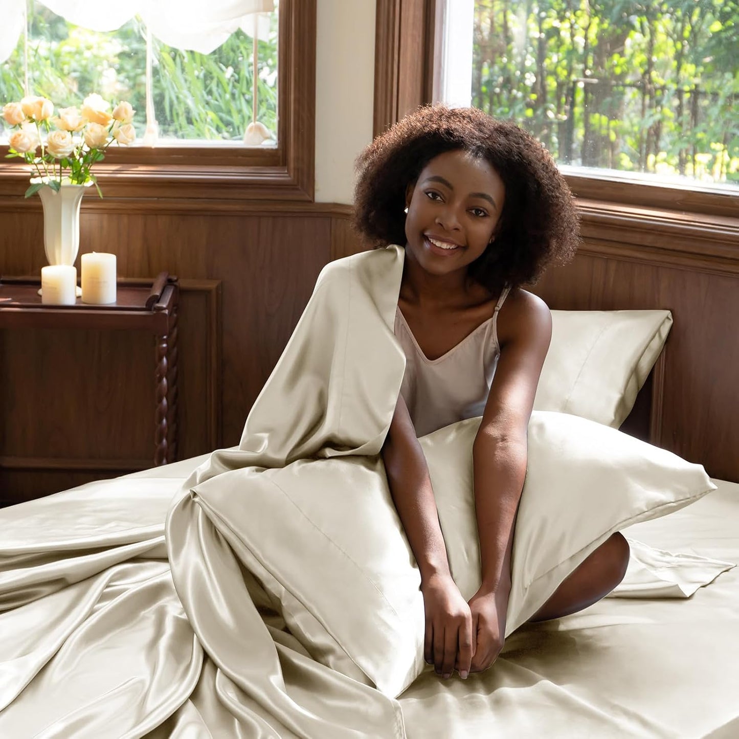 CozyLux Satin Sheets Queen Size - 4 Piece Beige Bed Sheet Set with Silky Microfiber, 1 Deep Pocket Fitted Sheet, 1 Flat Sheet, and 2 Pillowcases - Smooth and Soft