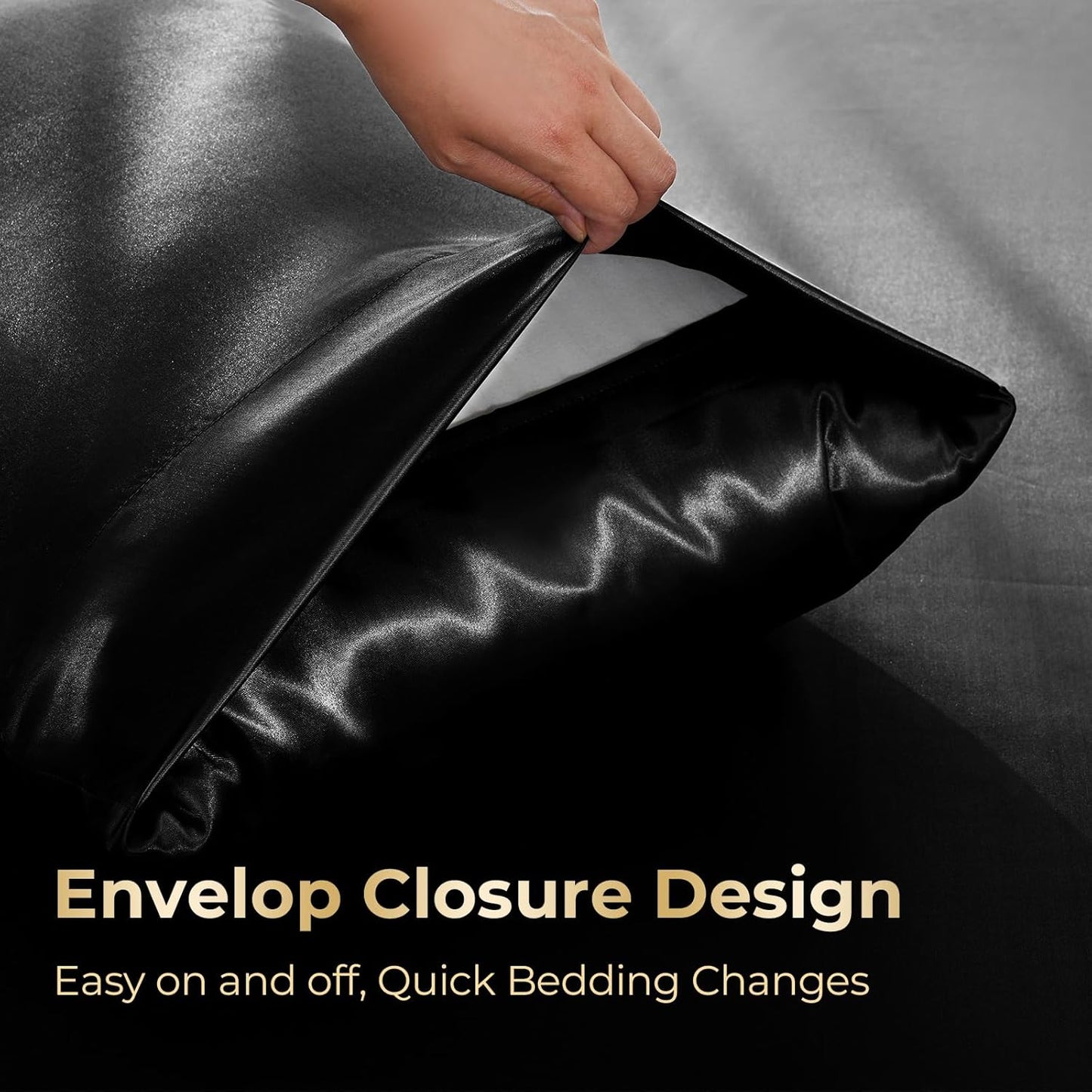 Sasttie Satin Sheets Queen Size - 4 Pieces Luxury Soft Black Silky Bed Sheets Set with Pillowcases - Smooth Silk-Like Satin Fabric, Reinforced 14 Inches Pocket, Oeko-Tex Certified