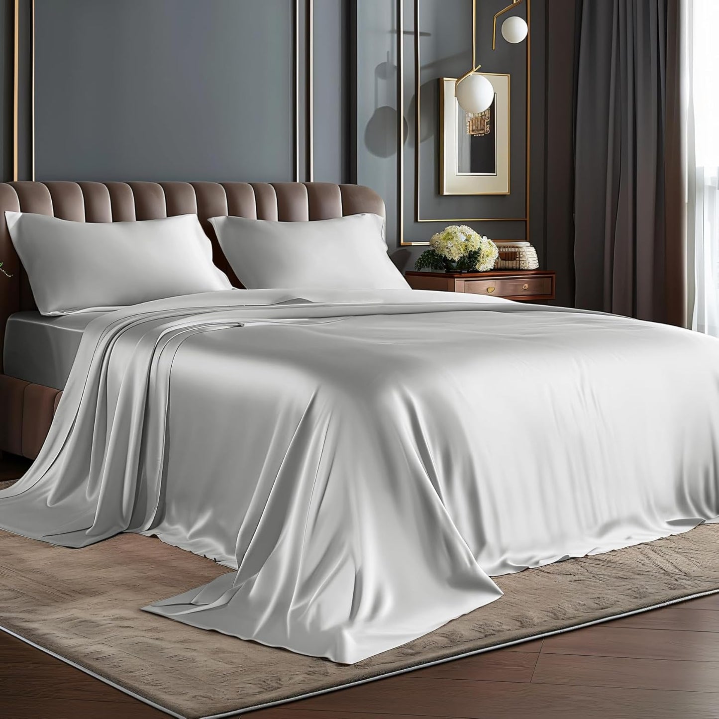 BEDELITE King Size Sheets Set, Luxury Soft Dark Grey Satin Sheets for Hair and Skin, Similar to Silk Bed Sheets Set 4 Pieces with 1 Deep Pocket Fitted Sheet, 1 Flat Sheet, and 2 Pillowcases