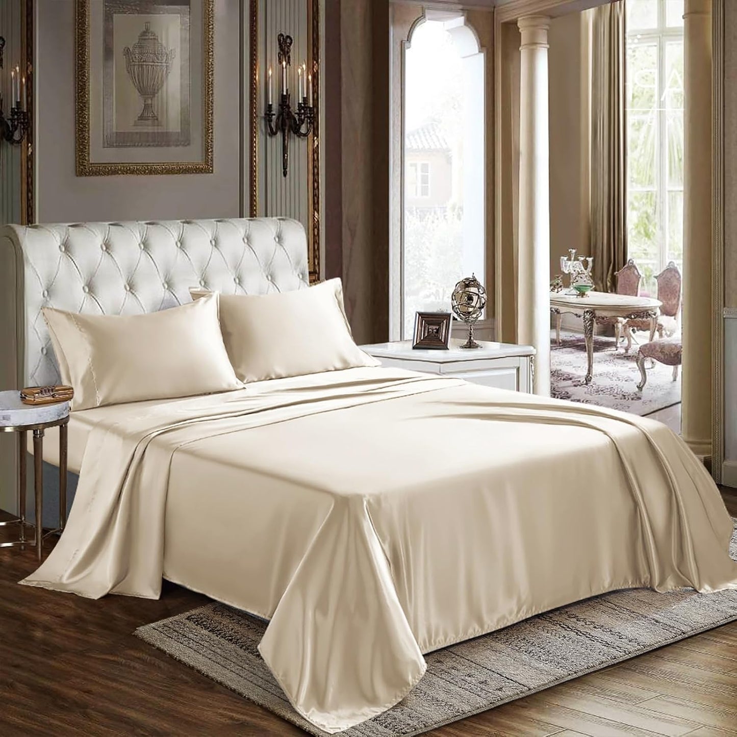 CozyLux Satin Sheets Queen Size - 4 Piece Beige Bed Sheet Set with Silky Microfiber, 1 Deep Pocket Fitted Sheet, 1 Flat Sheet, and 2 Pillowcases - Smooth and Soft