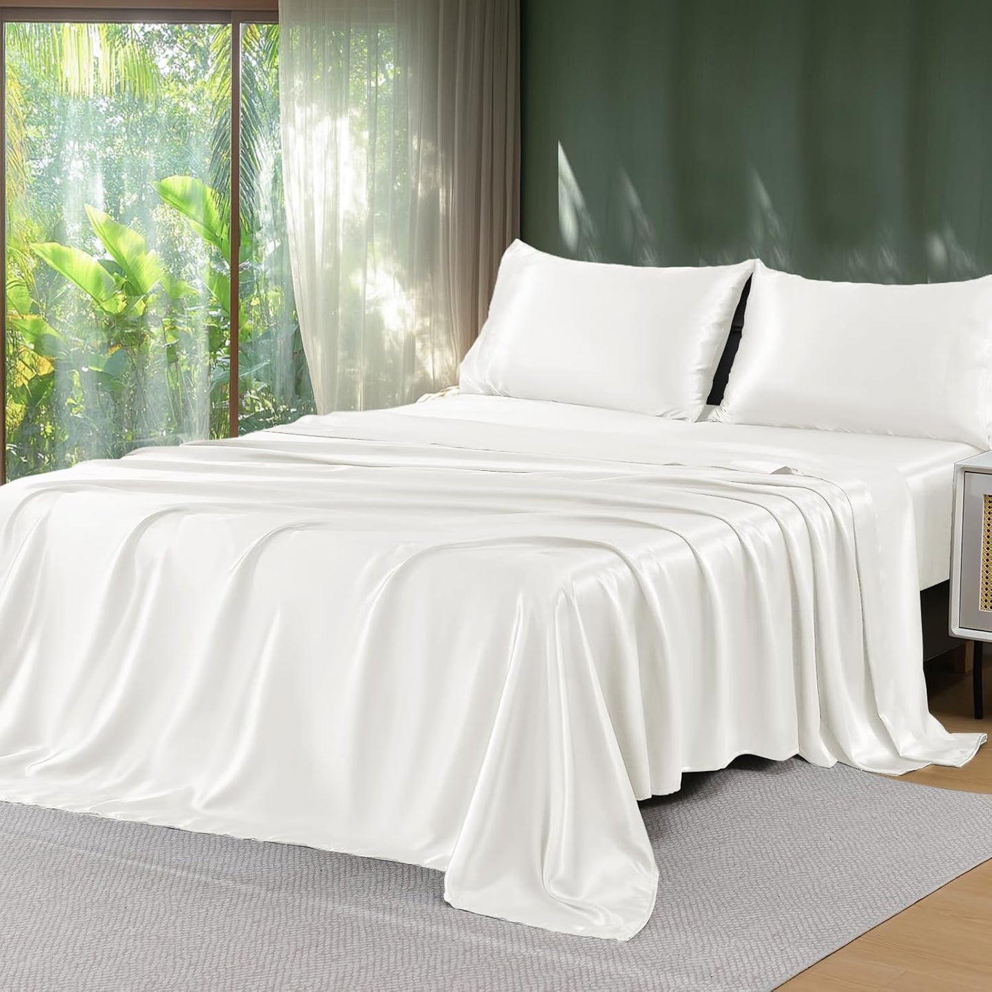 Sasttie Satin Sheets Queen Size - 4 Pieces Luxury Soft Black Silky Bed Sheets Set with Pillowcases - Smooth Silk-Like Satin Fabric, Reinforced 14 Inches Pocket, Oeko-Tex Certified