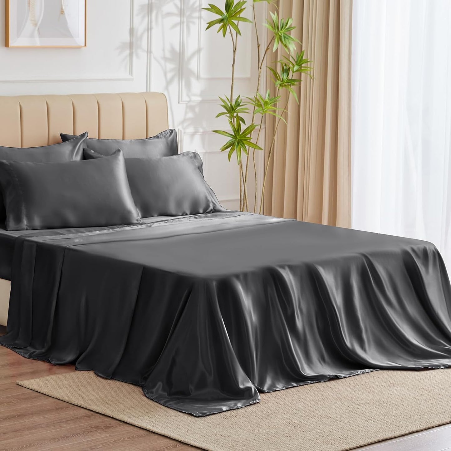 CozyLux Satin Sheets Queen Size - 4 Piece Beige Bed Sheet Set with Silky Microfiber, 1 Deep Pocket Fitted Sheet, 1 Flat Sheet, and 2 Pillowcases - Smooth and Soft