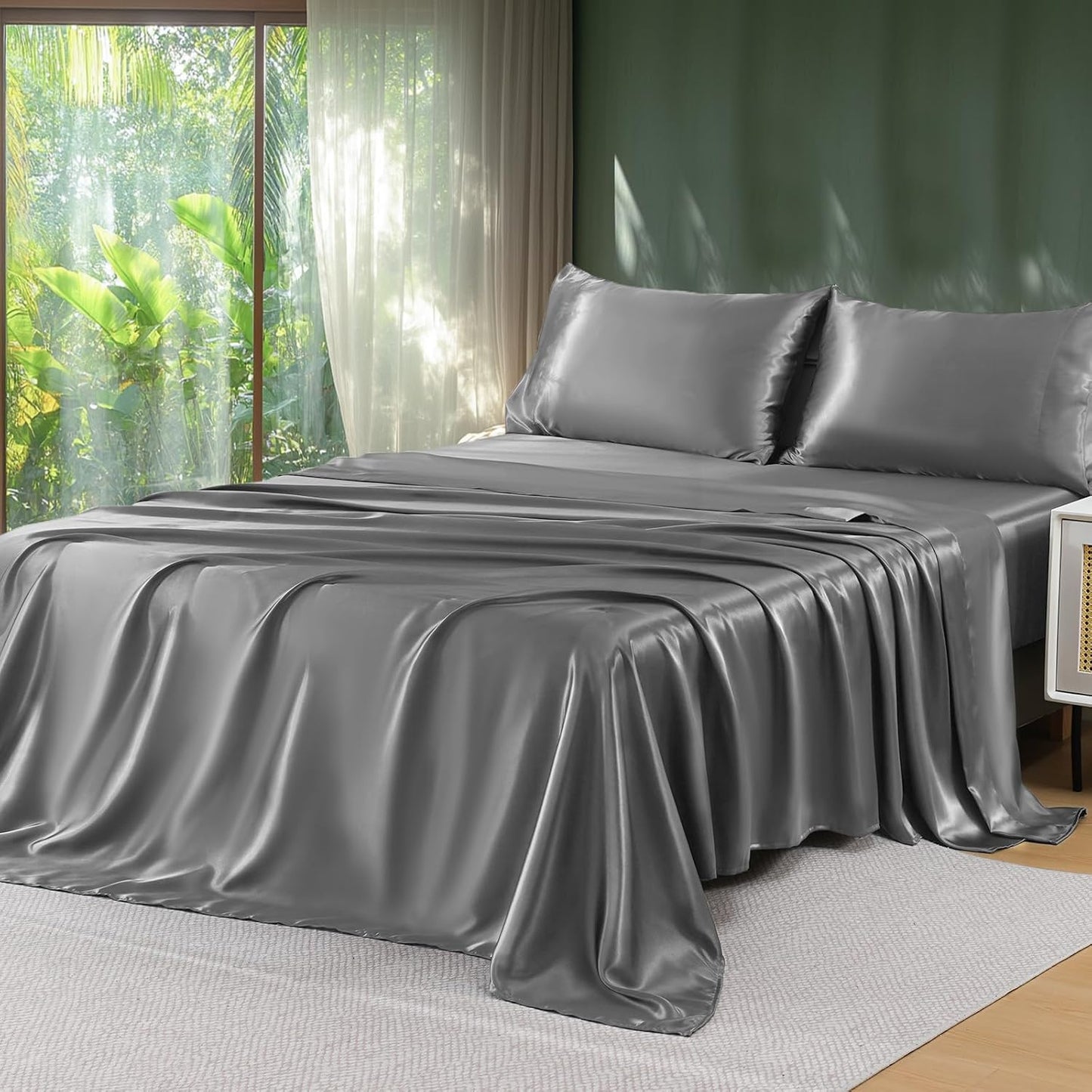 Sasttie Satin Sheets Queen Size - 4 Pieces Luxury Soft Black Silky Bed Sheets Set with Pillowcases - Smooth Silk-Like Satin Fabric, Reinforced 14 Inches Pocket, Oeko-Tex Certified