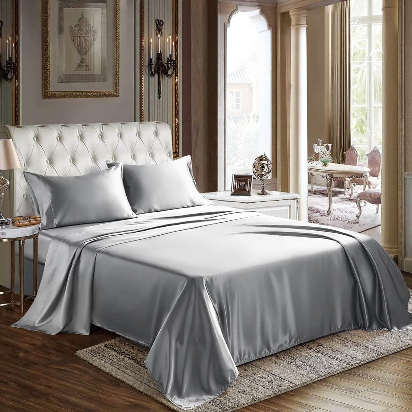 CozyLux Satin Sheets Queen Size - 4 Piece Beige Bed Sheet Set with Silky Microfiber, 1 Deep Pocket Fitted Sheet, 1 Flat Sheet, and 2 Pillowcases - Smooth and Soft