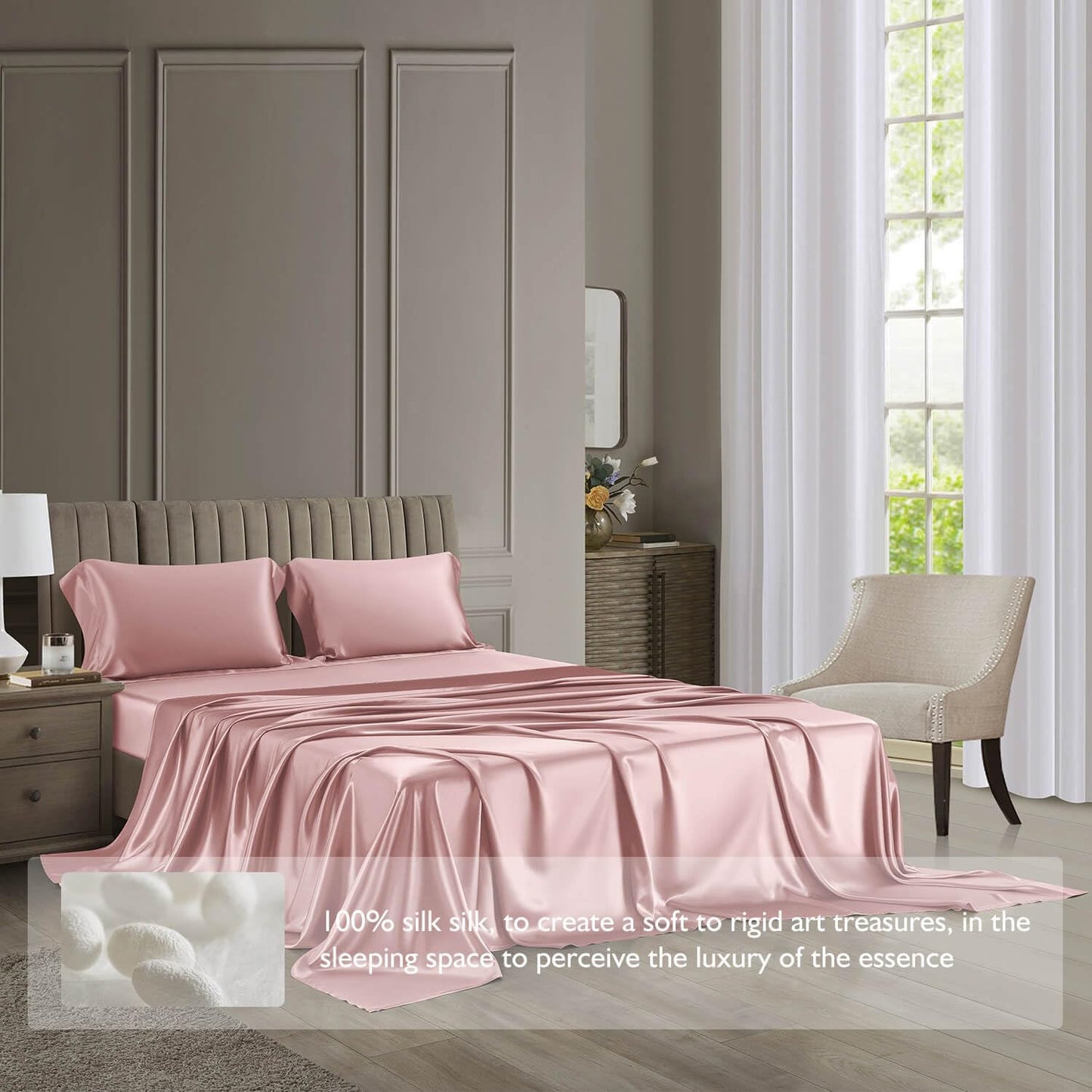 DISANGNI 22 Momme 100% Mulberry Silk Bedding Set - 4-Piece Luxury (2 Pillowcases, 1 Fitted Sheet, 1 Flat Sheet) - 6A Grade Natural Silk (Pink, Queen)