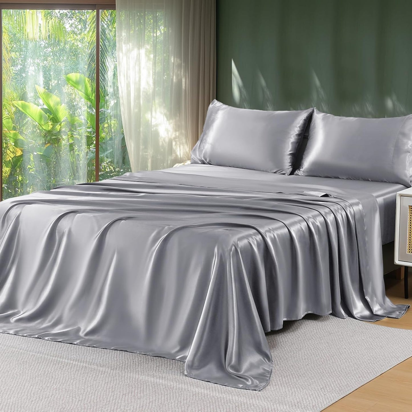 Sasttie Satin Sheets Queen Size - 4 Pieces Luxury Soft Black Silky Bed Sheets Set with Pillowcases - Smooth Silk-Like Satin Fabric, Reinforced 14 Inches Pocket, Oeko-Tex Certified