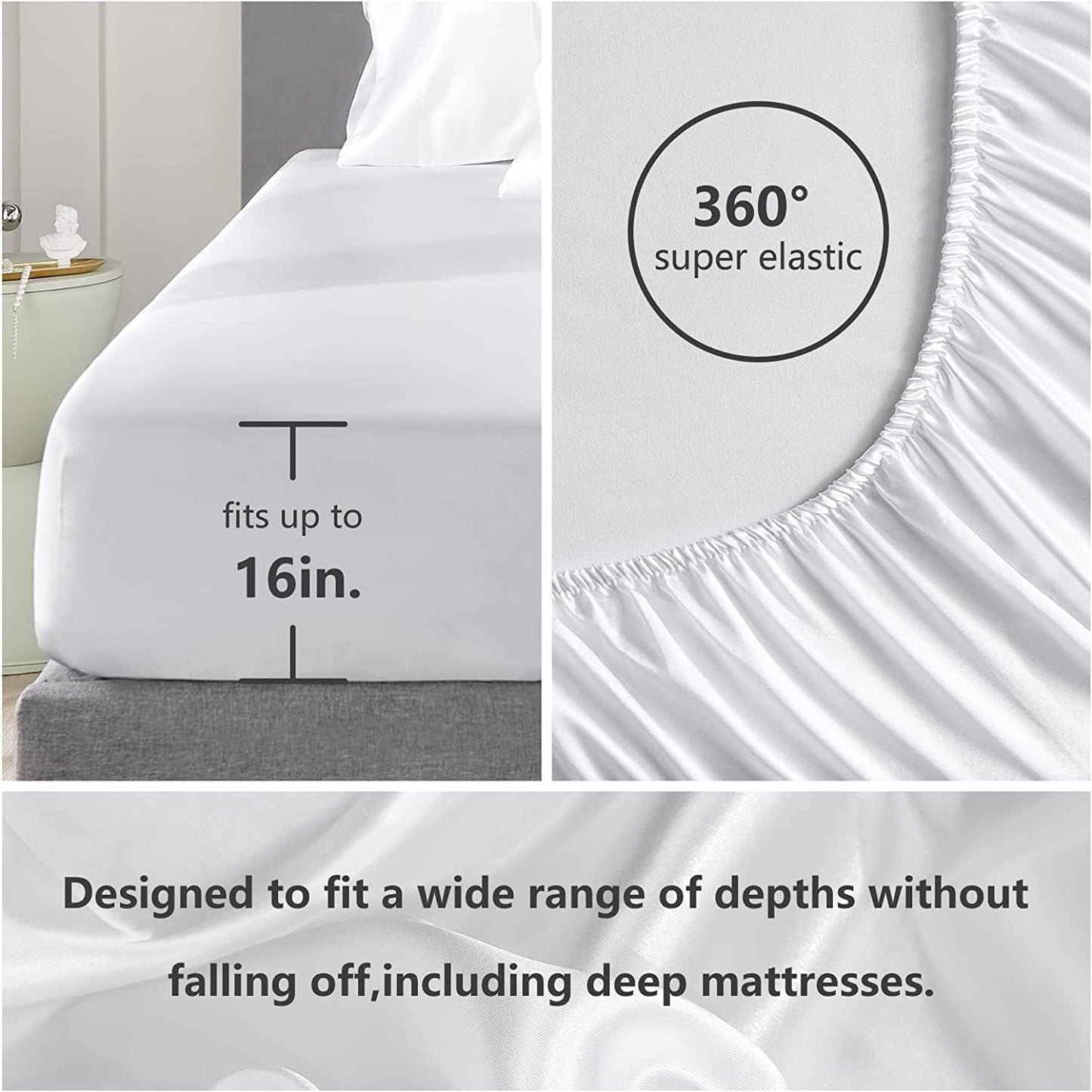 Pure Eco Silk Satin BedSheet Set 4 Piece Full XL Size (54x80)+ 16 Inch Deep Pocket White Color Cooling Soft and Silk Satin Sheets Full XL Size Bedding Set