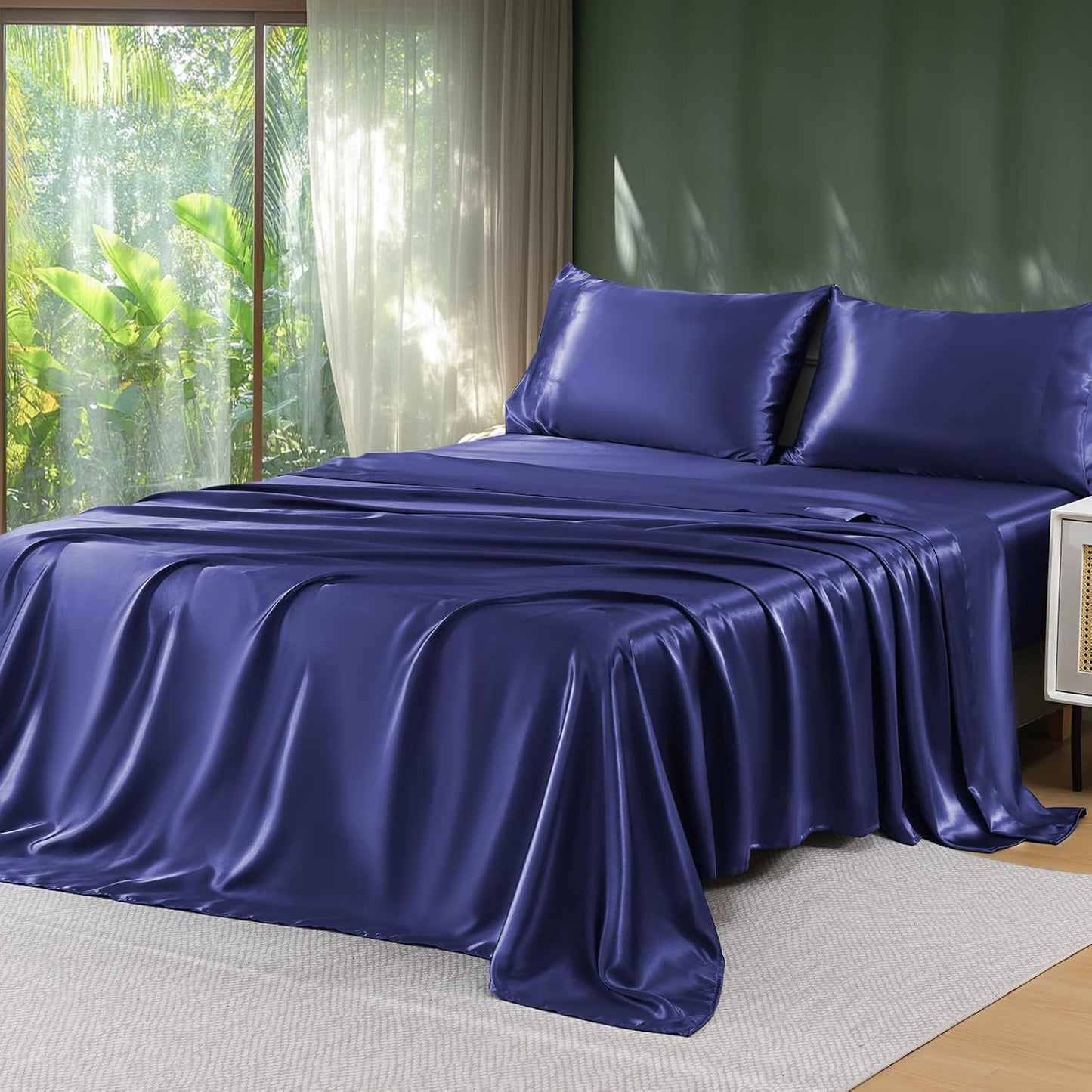 Sasttie Satin Sheets Queen Size - 4 Pieces Luxury Soft Black Silky Bed Sheets Set with Pillowcases - Smooth Silk-Like Satin Fabric, Reinforced 14 Inches Pocket, Oeko-Tex Certified