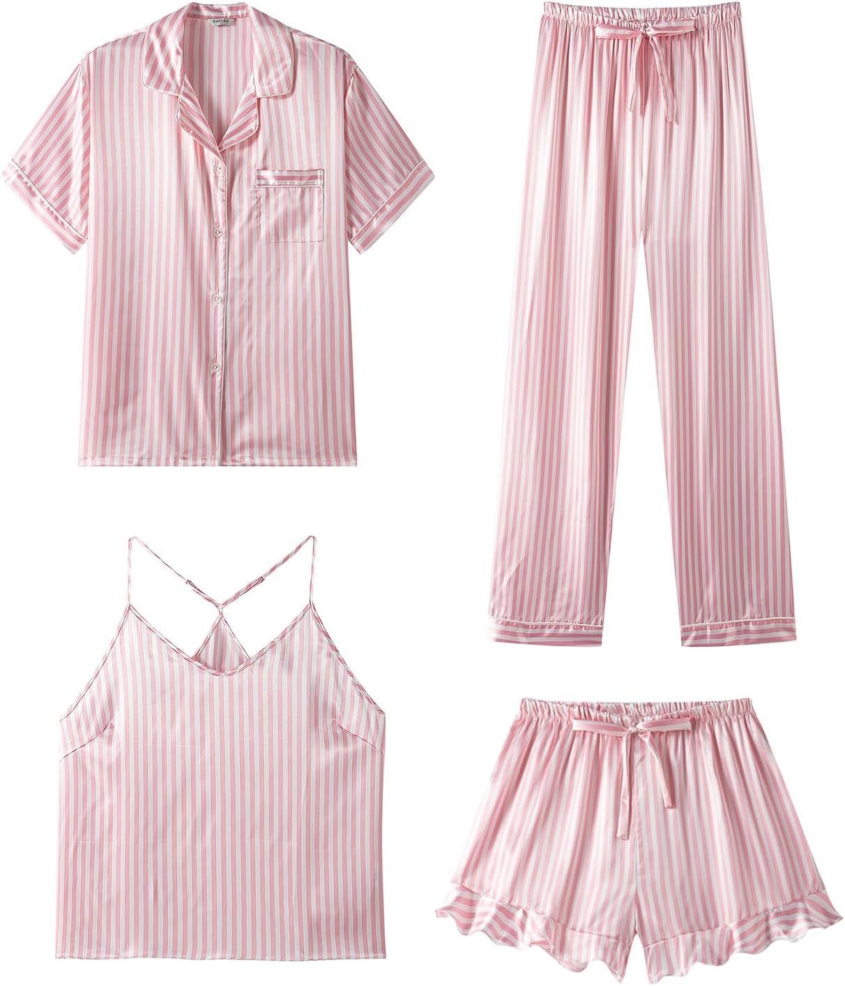 SAPJON Silk Pajamas for Women Set 4Pcs Ruffled Satin Pajamas Set Button Down Short Sleeve Cami Shorts Sleepwear Pj Set