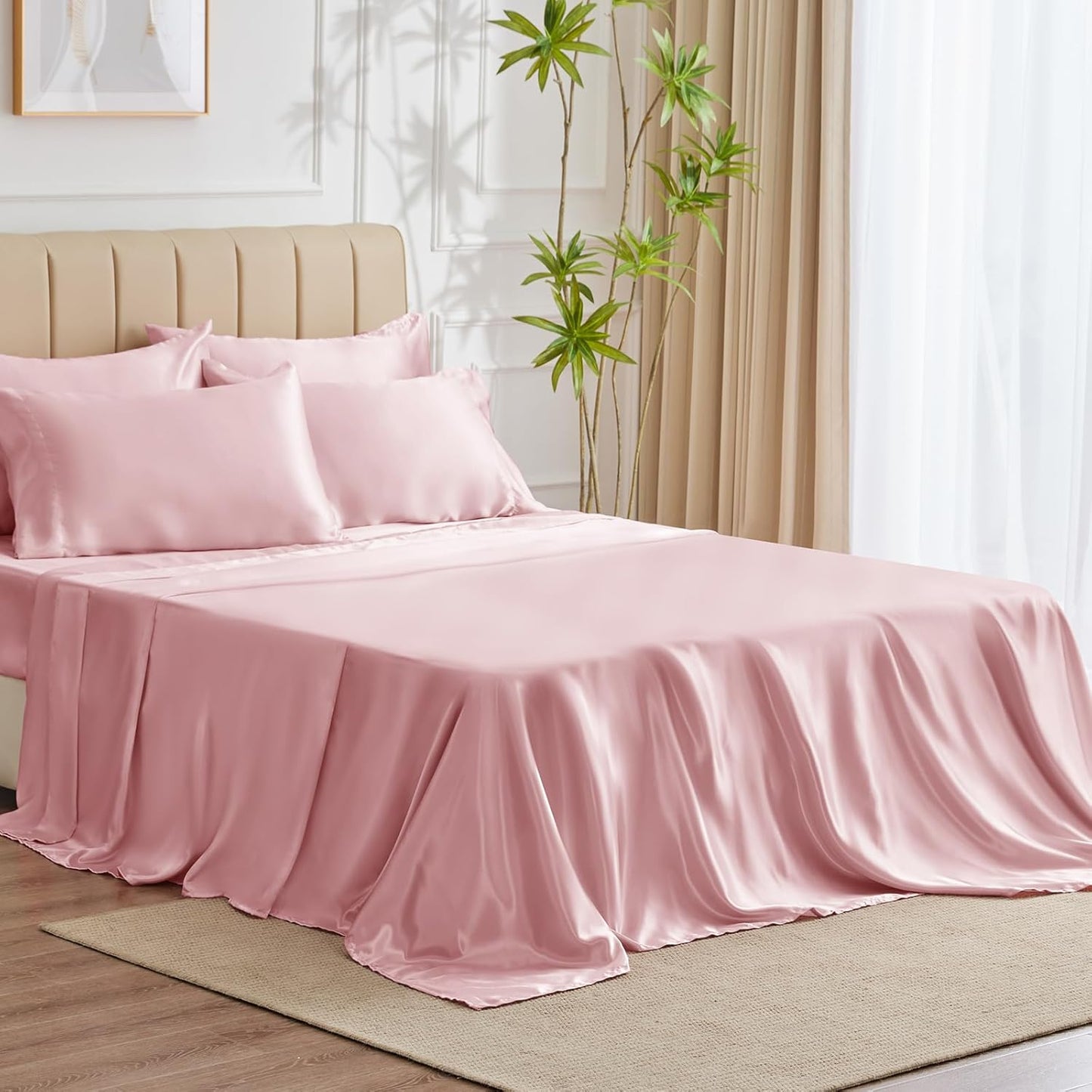 CozyLux Satin Sheets Queen Size - 4 Piece Beige Bed Sheet Set with Silky Microfiber, 1 Deep Pocket Fitted Sheet, 1 Flat Sheet, and 2 Pillowcases - Smooth and Soft