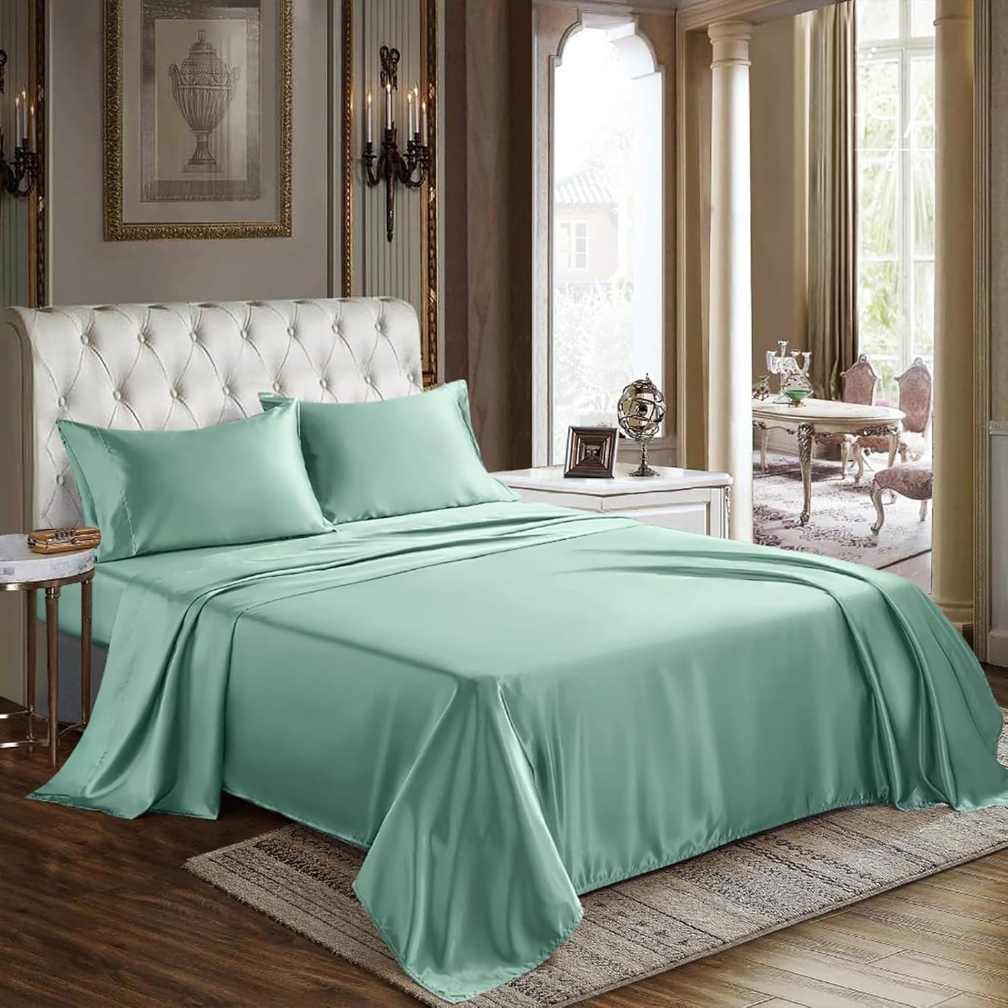 CozyLux Satin Sheets Queen Size - 4 Piece Beige Bed Sheet Set with Silky Microfiber, 1 Deep Pocket Fitted Sheet, 1 Flat Sheet, and 2 Pillowcases - Smooth and Soft