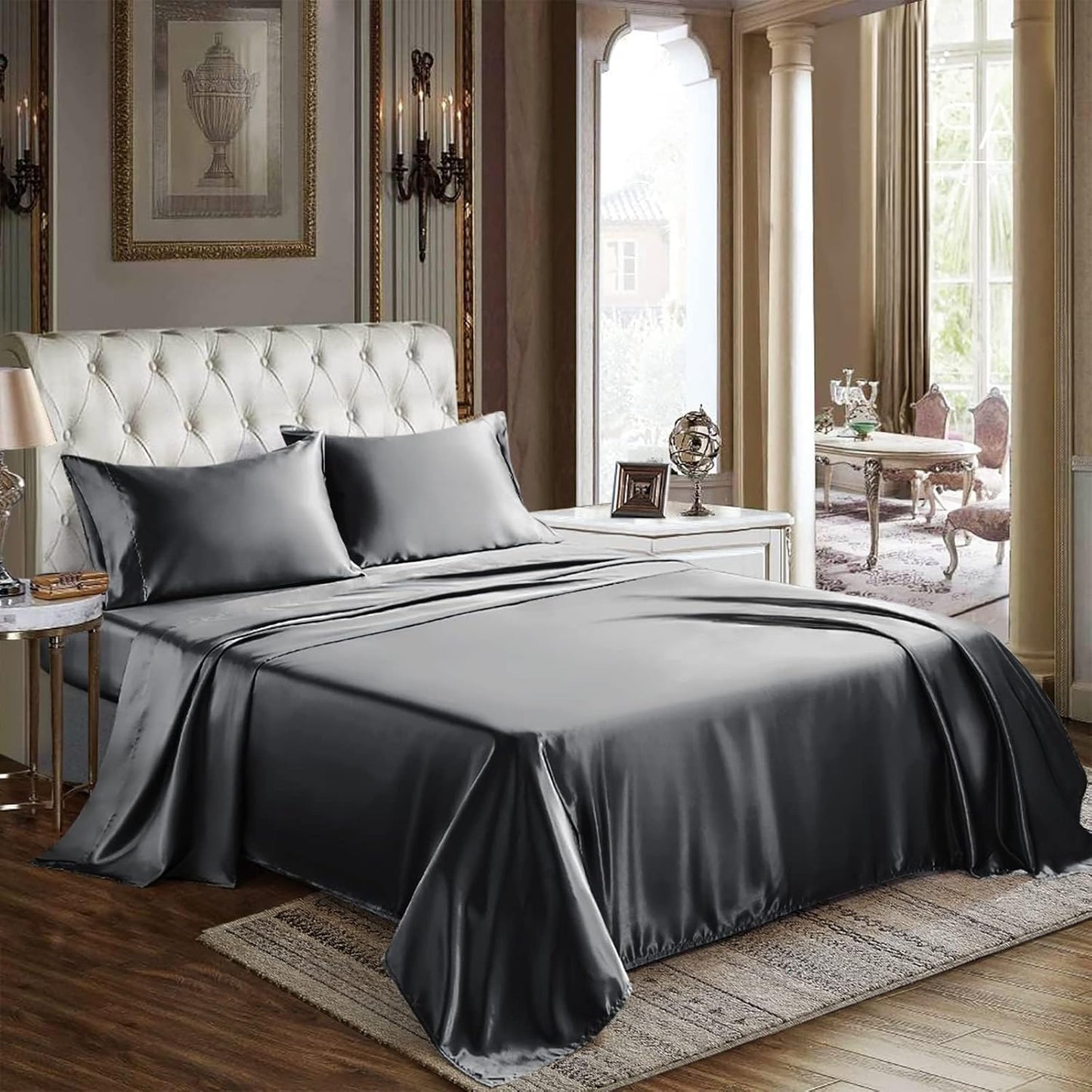 CozyLux Satin Sheets Queen Size - 4 Piece Beige Bed Sheet Set with Silky Microfiber, 1 Deep Pocket Fitted Sheet, 1 Flat Sheet, and 2 Pillowcases - Smooth and Soft