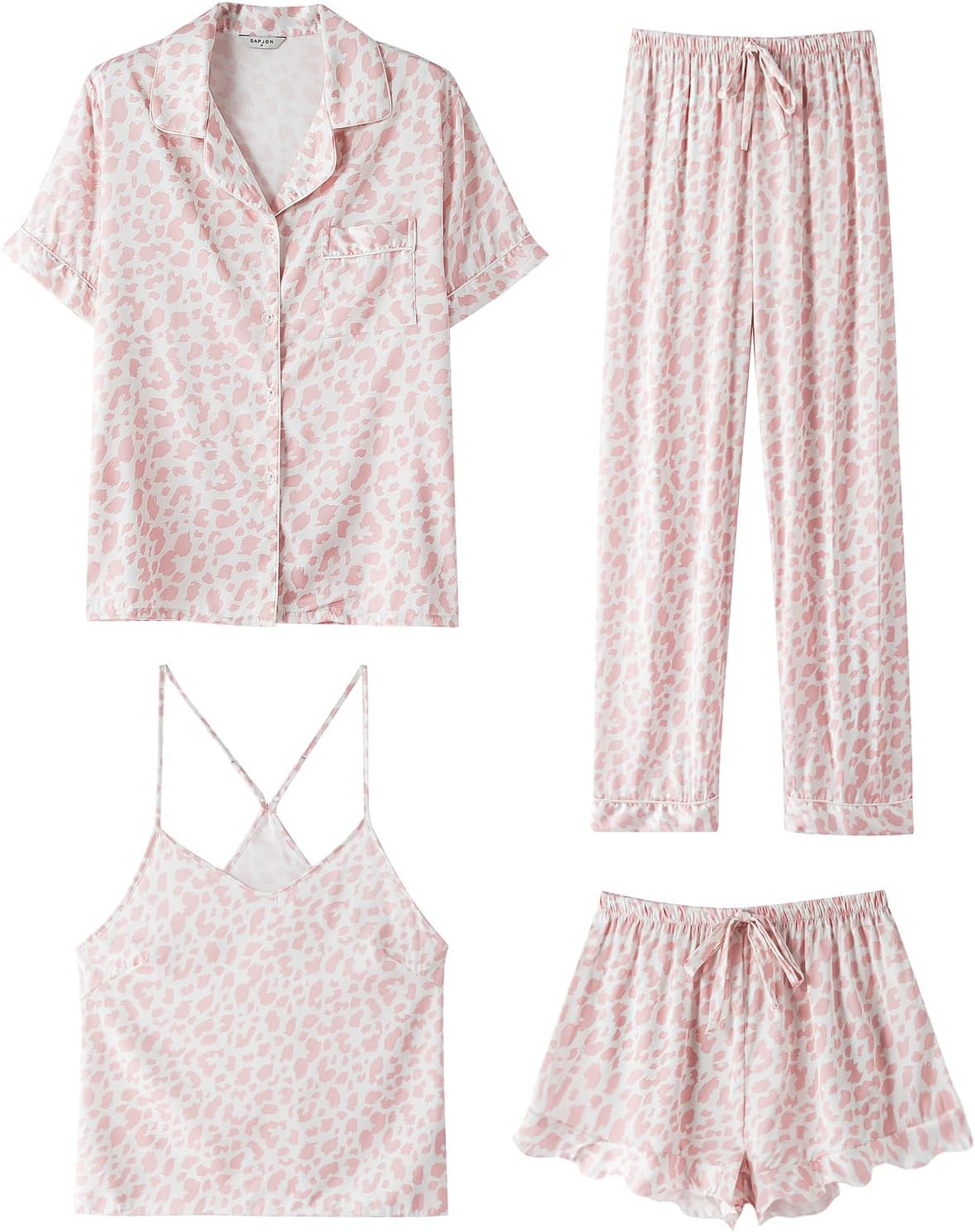SAPJON Silk Pajamas for Women Set 4Pcs Ruffled Satin Pajamas Set Button Down Short Sleeve Cami Shorts Sleepwear Pj Set