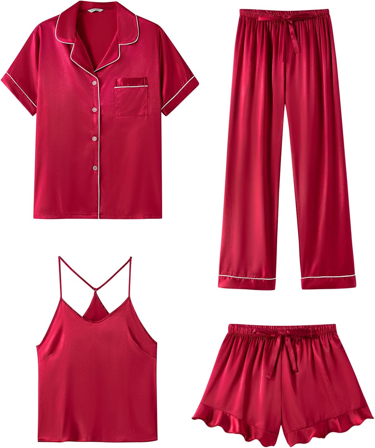 SAPJON Silk Pajamas for Women Set 4Pcs Ruffled Satin Pajamas Set Button Down Short Sleeve Cami Shorts Sleepwear Pj Set