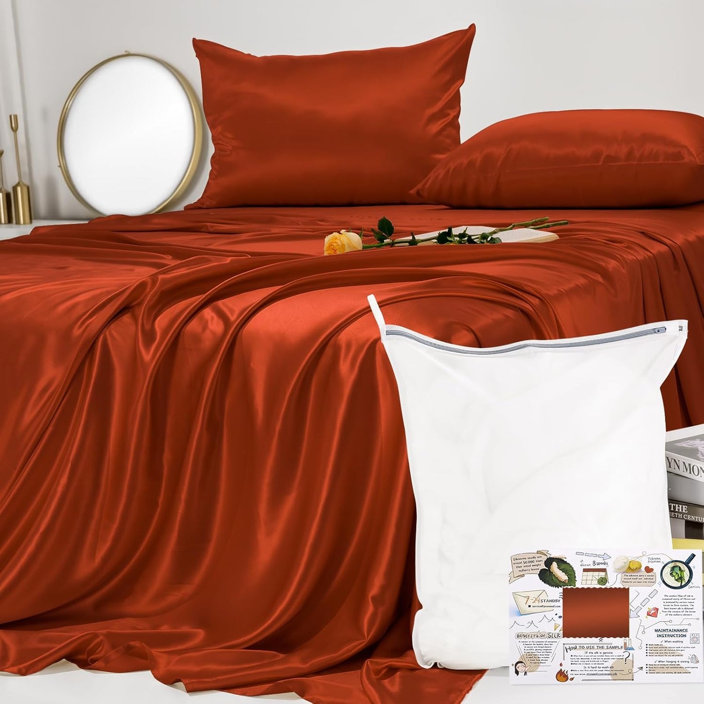 PROMEED Upgraded 23 Momme Pink Silk Sheets Queen Size Set 4 Pieces, Natural Mulberry Silk Cooling Bed Sheets and Pillowcase Sets (Pink, Queen)