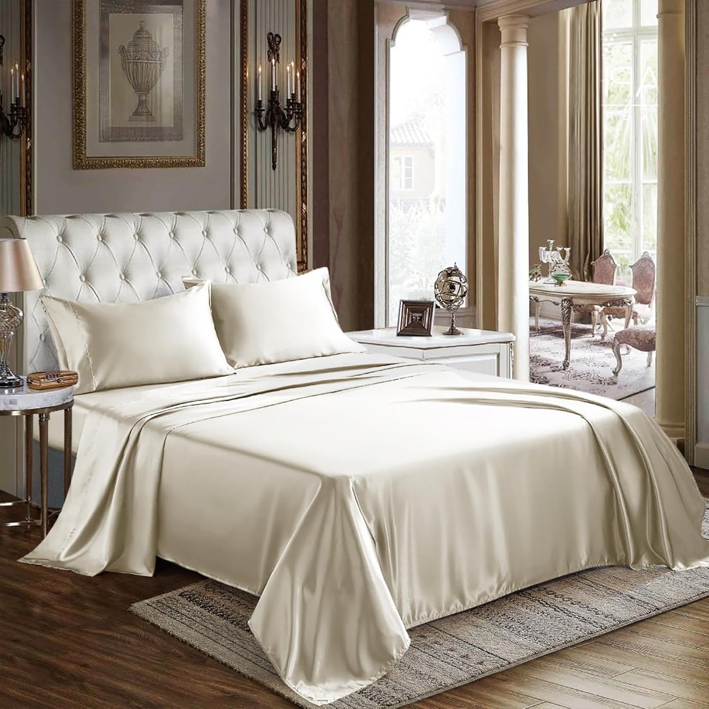 CozyLux Satin Sheets Queen Size - 4 Piece Beige Bed Sheet Set with Silky Microfiber, 1 Deep Pocket Fitted Sheet, 1 Flat Sheet, and 2 Pillowcases - Smooth and Soft