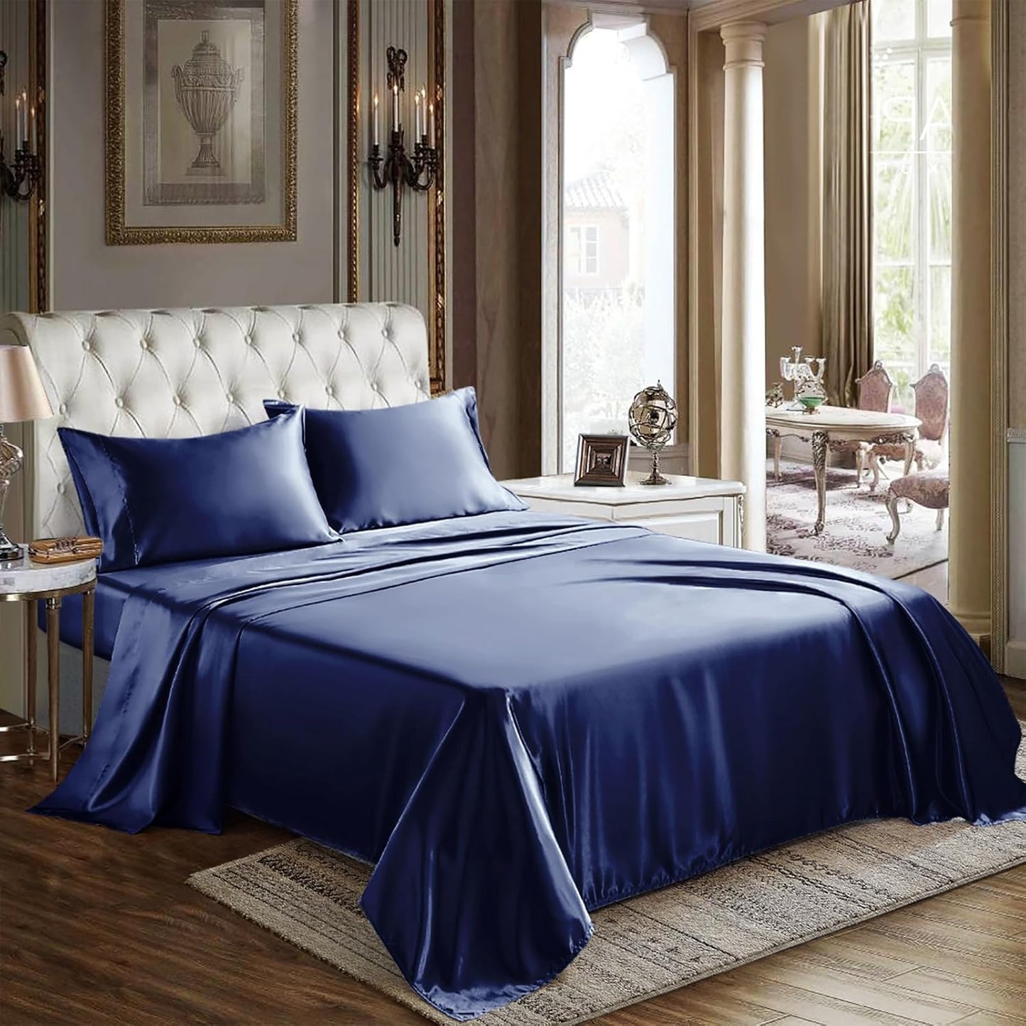 CozyLux Satin Sheets Queen Size - 4 Piece Beige Bed Sheet Set with Silky Microfiber, 1 Deep Pocket Fitted Sheet, 1 Flat Sheet, and 2 Pillowcases - Smooth and Soft