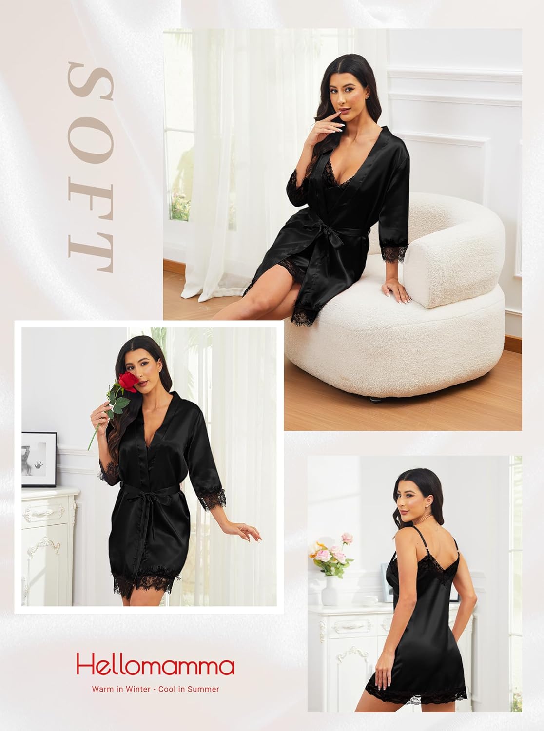 Hellomamma Women's Silk Pajama Set: 4-Piece Satin Robe Lingerie Sexy Sleepwear Lounge Set for Brida Wife Girlfriend