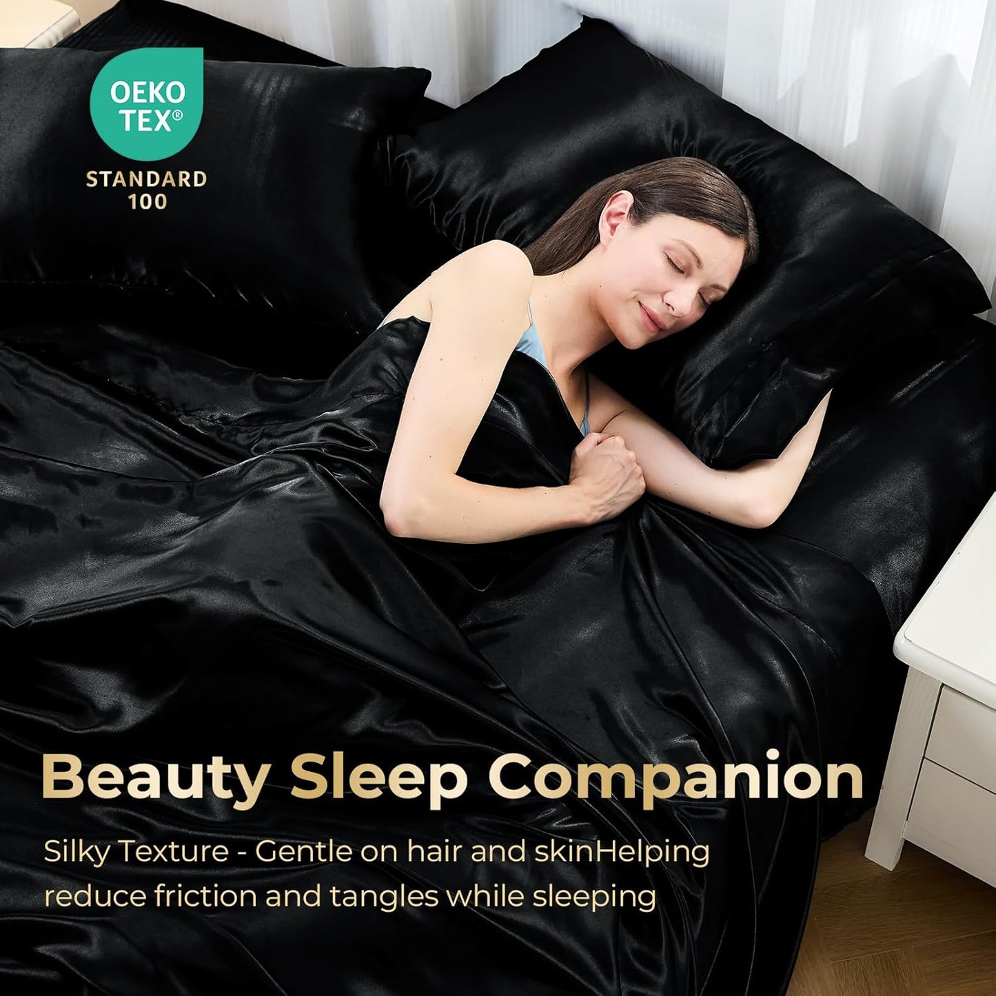 Sasttie Satin Sheets Queen Size - 4 Pieces Luxury Soft Black Silky Bed Sheets Set with Pillowcases - Smooth Silk-Like Satin Fabric, Reinforced 14 Inches Pocket, Oeko-Tex Certified