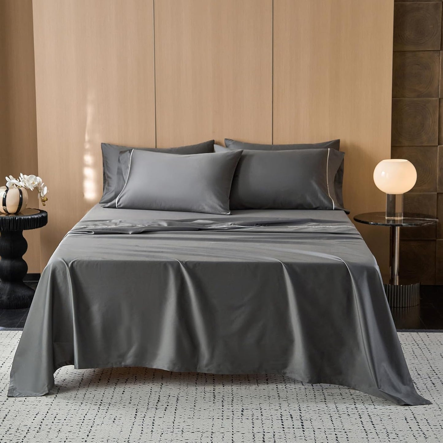 MooMee Queen Sheet Set, 100% Extra Long Staple Cotton 600TC Sateen Weave Cooling Breathable Silky Soft Luxury Hotel Quality Bed Sheets with 17" Deep Pocket - 4 Piece (Blueish Grey, Queen)
