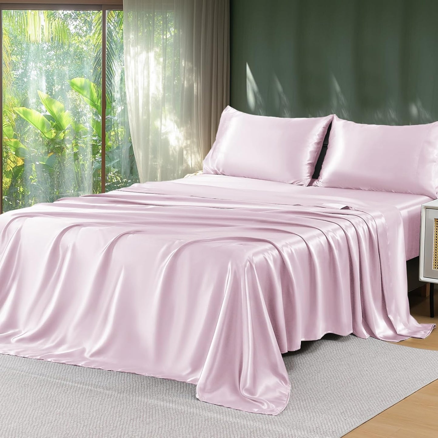 Sasttie Satin Sheets Queen Size - 4 Pieces Luxury Soft Black Silky Bed Sheets Set with Pillowcases - Smooth Silk-Like Satin Fabric, Reinforced 14 Inches Pocket, Oeko-Tex Certified