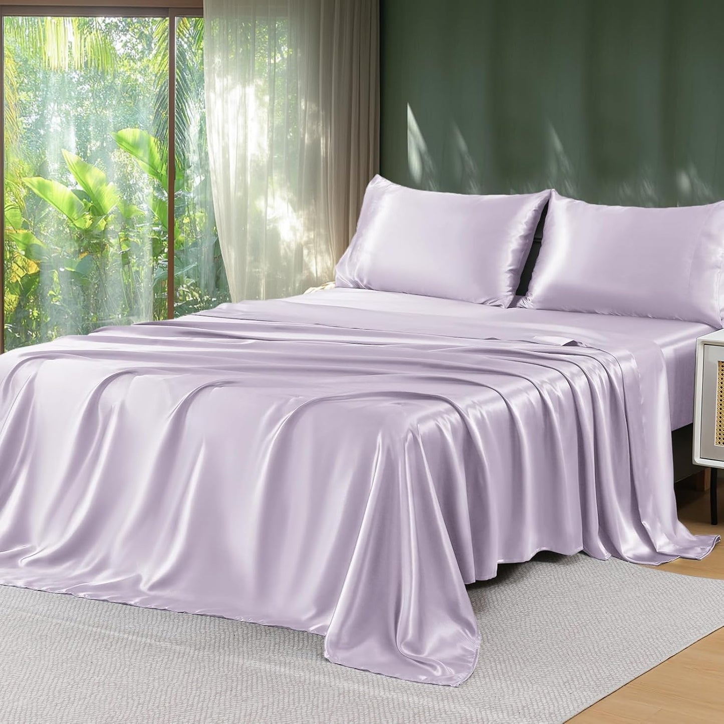 Sasttie Satin Sheets Queen Size - 4 Pieces Luxury Soft Black Silky Bed Sheets Set with Pillowcases - Smooth Silk-Like Satin Fabric, Reinforced 14 Inches Pocket, Oeko-Tex Certified