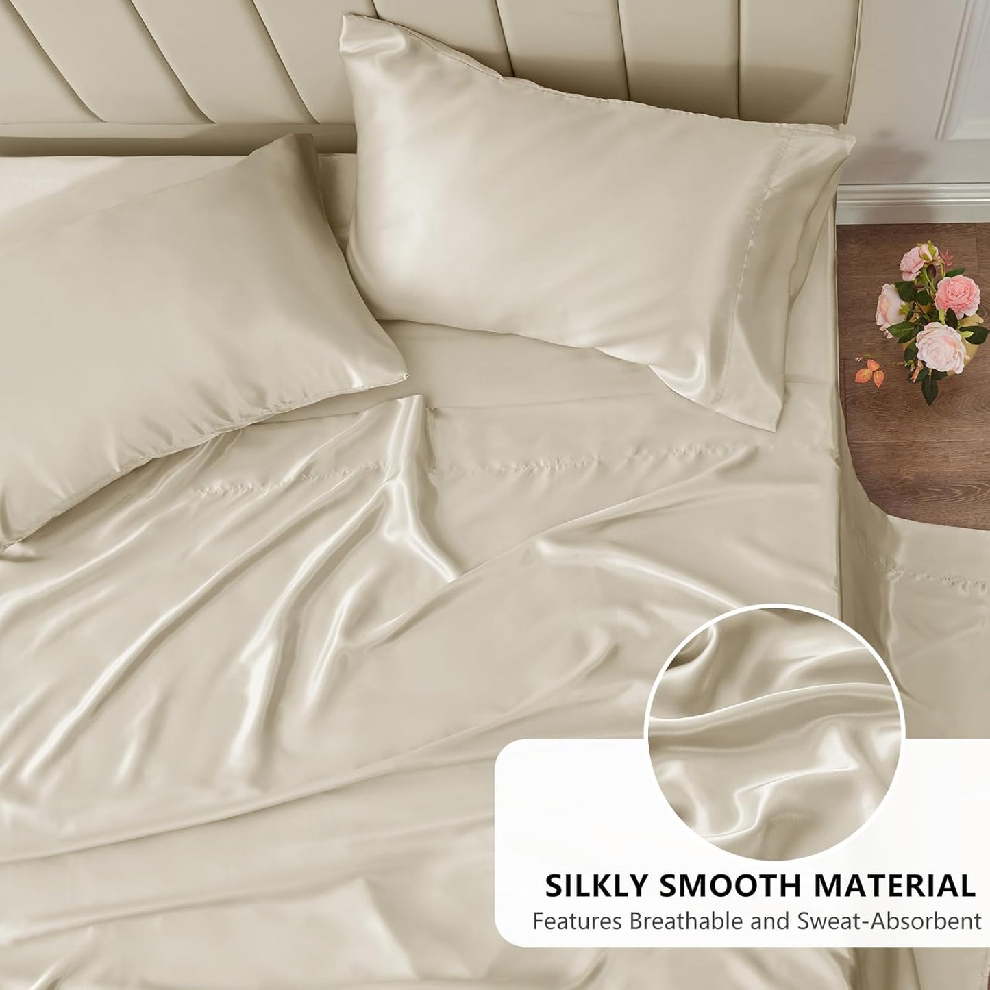 CozyLux Satin Sheets Queen Size - 4 Piece Beige Bed Sheet Set with Silky Microfiber, 1 Deep Pocket Fitted Sheet, 1 Flat Sheet, and 2 Pillowcases - Smooth and Soft