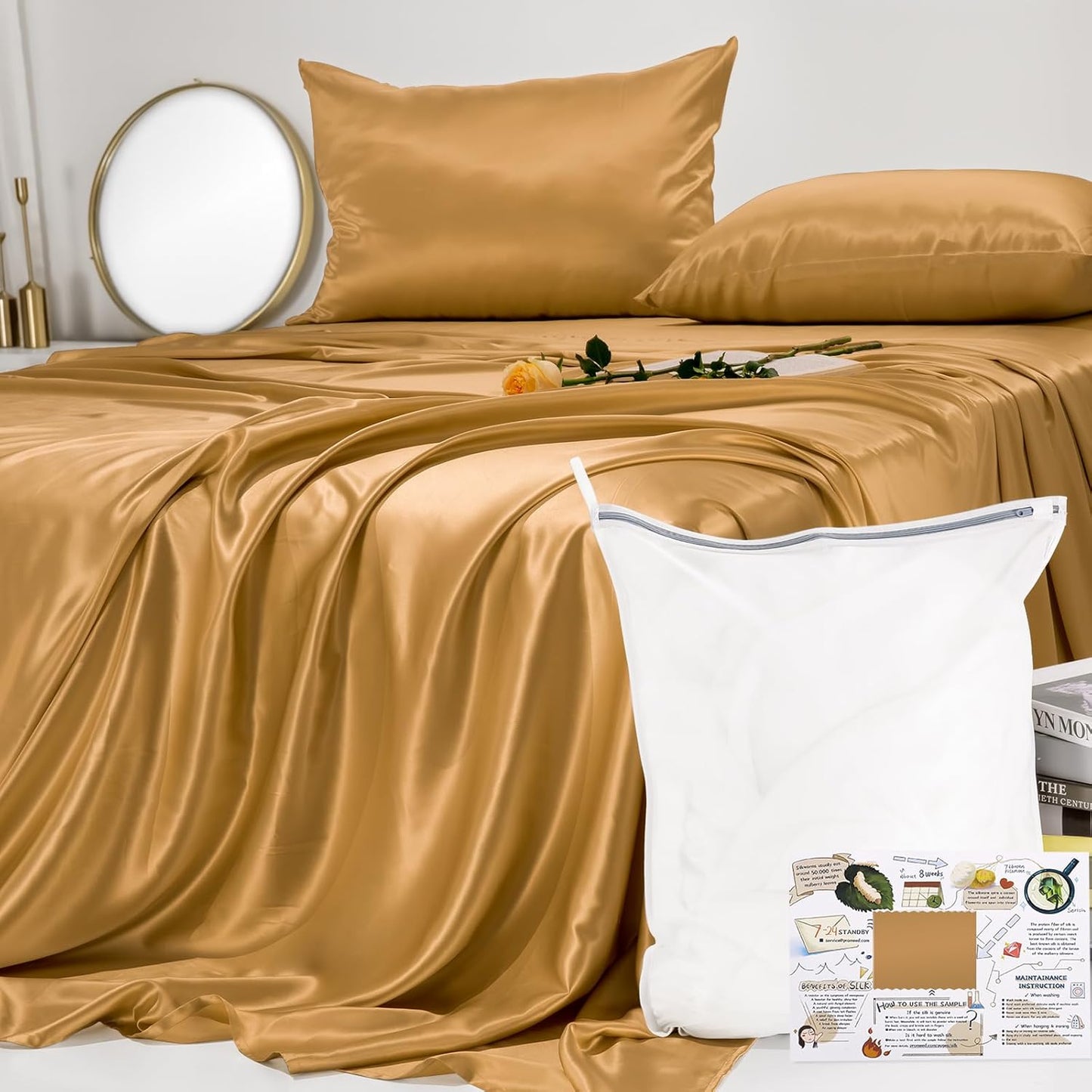 PROMEED Upgraded 23 Momme Pink Silk Sheets Queen Size Set 4 Pieces, Natural Mulberry Silk Cooling Bed Sheets and Pillowcase Sets (Pink, Queen)