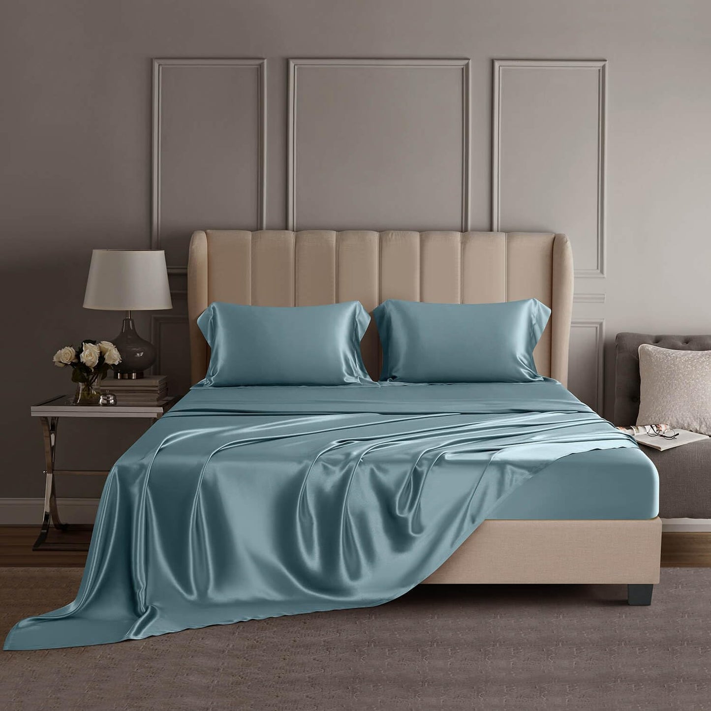 DISANGNI 22 Momme 100% Mulberry Silk Bedding Set - 4-Piece Luxury (2 Pillowcases, 1 Fitted Sheet, 1 Flat Sheet) - 6A Grade Natural Silk (Pink, Queen)