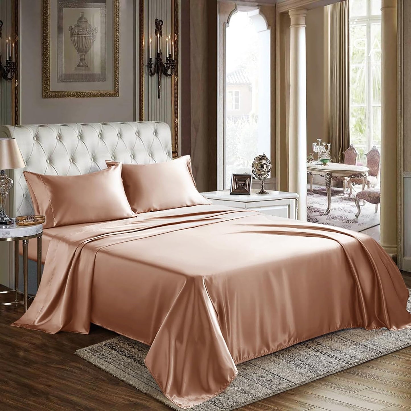 CozyLux Satin Sheets Queen Size - 4 Piece Beige Bed Sheet Set with Silky Microfiber, 1 Deep Pocket Fitted Sheet, 1 Flat Sheet, and 2 Pillowcases - Smooth and Soft