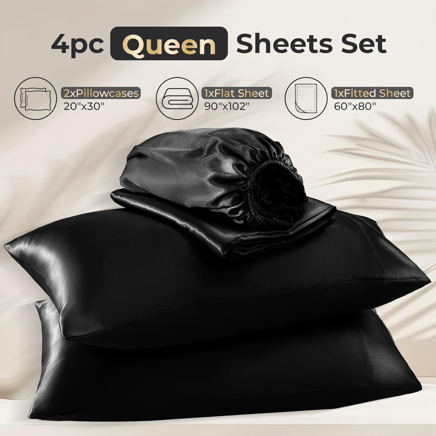 Sasttie Satin Sheets Queen Size - 4 Pieces Luxury Soft Black Silky Bed Sheets Set with Pillowcases - Smooth Silk-Like Satin Fabric, Reinforced 14 Inches Pocket, Oeko-Tex Certified