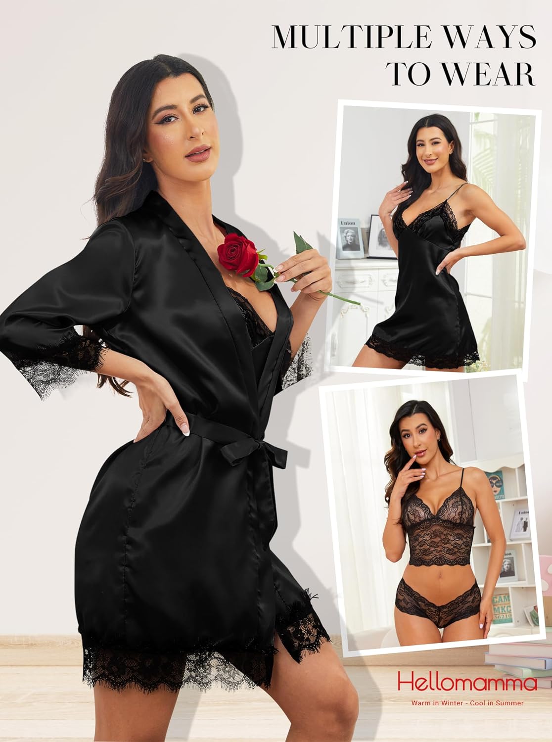 Hellomamma Women's Silk Pajama Set: 4-Piece Satin Robe Lingerie Sexy Sleepwear Lounge Set for Brida Wife Girlfriend