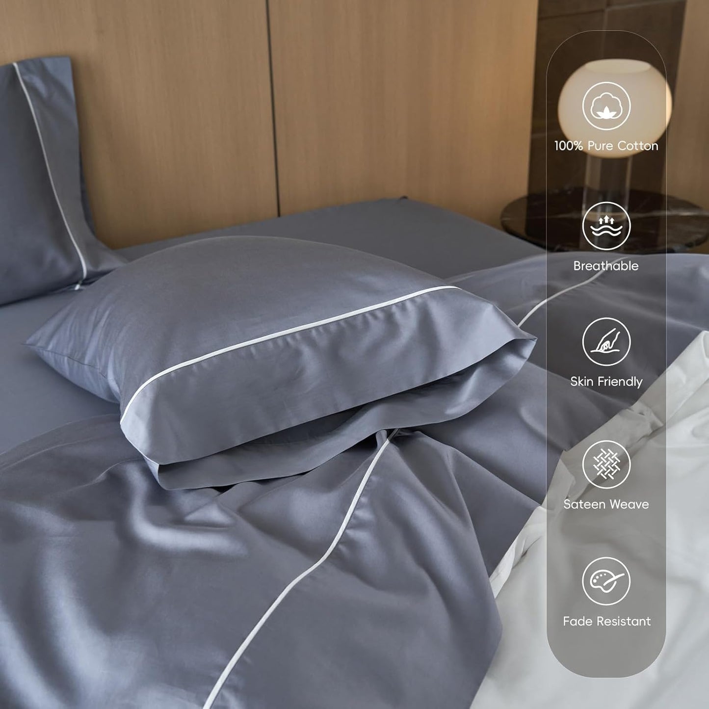 MooMee Queen Sheet Set, 100% Extra Long Staple Cotton 600TC Sateen Weave Cooling Breathable Silky Soft Luxury Hotel Quality Bed Sheets with 17" Deep Pocket - 4 Piece (Blueish Grey, Queen)