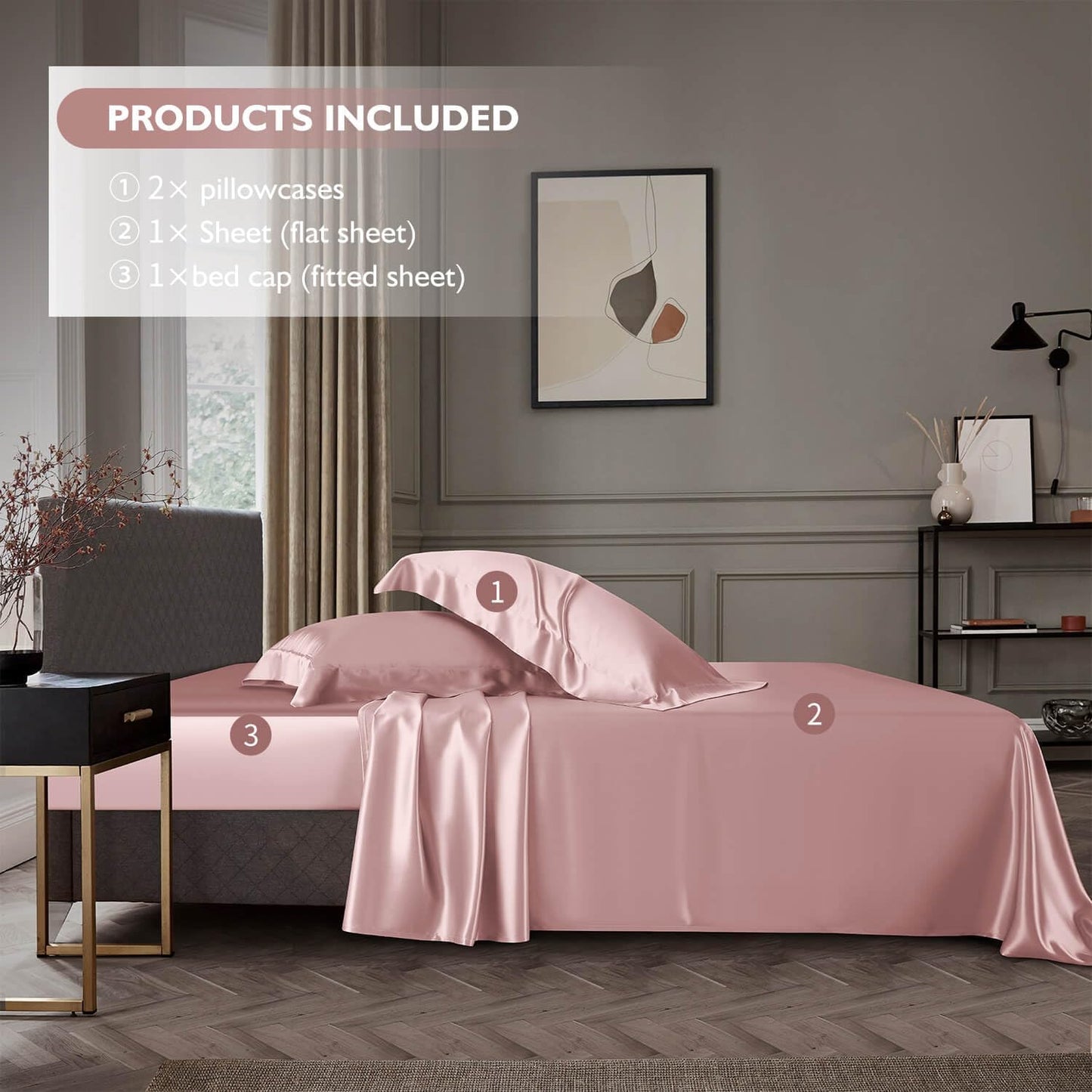 DISANGNI 22 Momme 100% Mulberry Silk Bedding Set - 4-Piece Luxury (2 Pillowcases, 1 Fitted Sheet, 1 Flat Sheet) - 6A Grade Natural Silk (Pink, Queen)