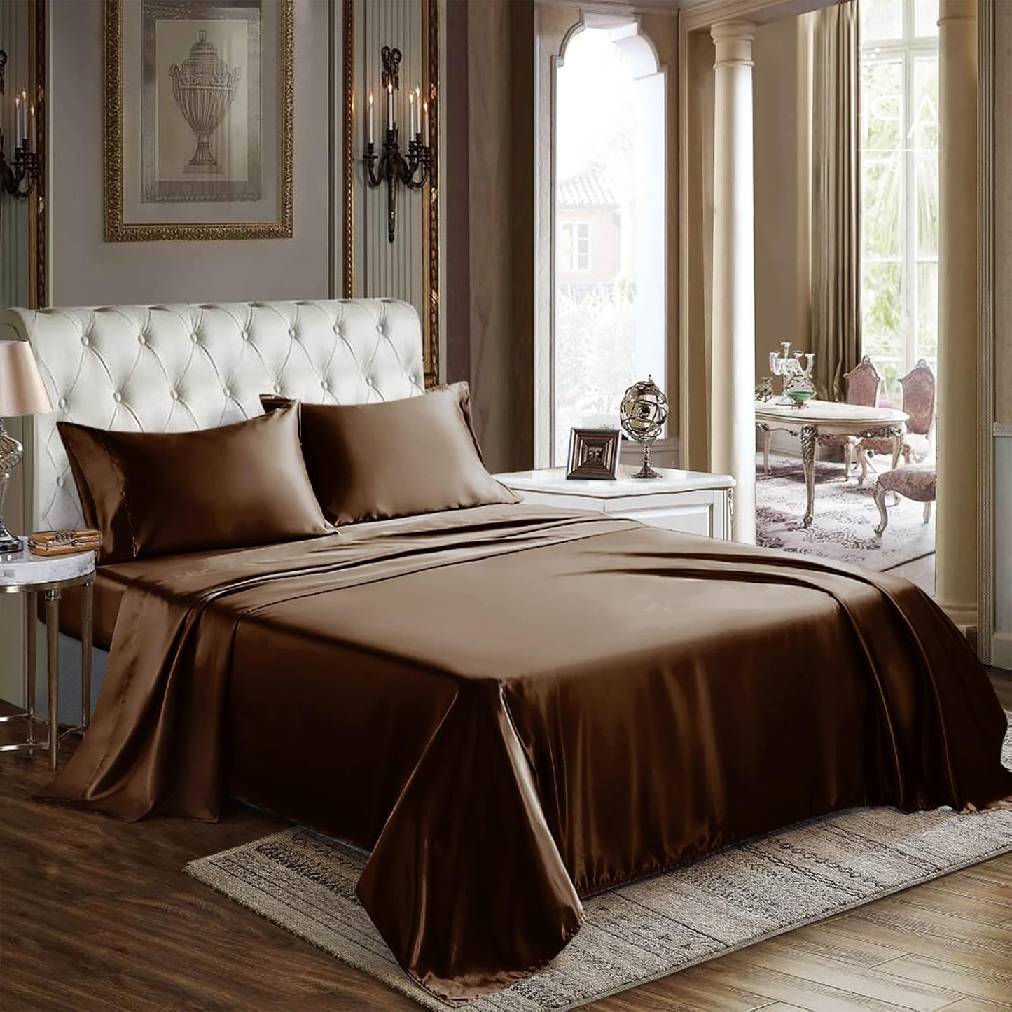CozyLux Satin Sheets Queen Size - 4 Piece Beige Bed Sheet Set with Silky Microfiber, 1 Deep Pocket Fitted Sheet, 1 Flat Sheet, and 2 Pillowcases - Smooth and Soft
