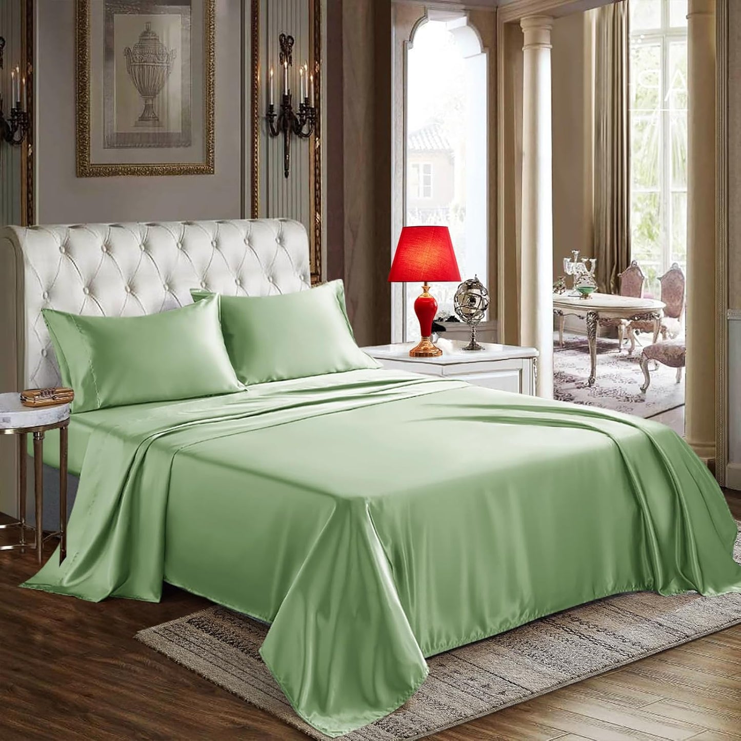 CozyLux Satin Sheets Queen Size - 4 Piece Beige Bed Sheet Set with Silky Microfiber, 1 Deep Pocket Fitted Sheet, 1 Flat Sheet, and 2 Pillowcases - Smooth and Soft