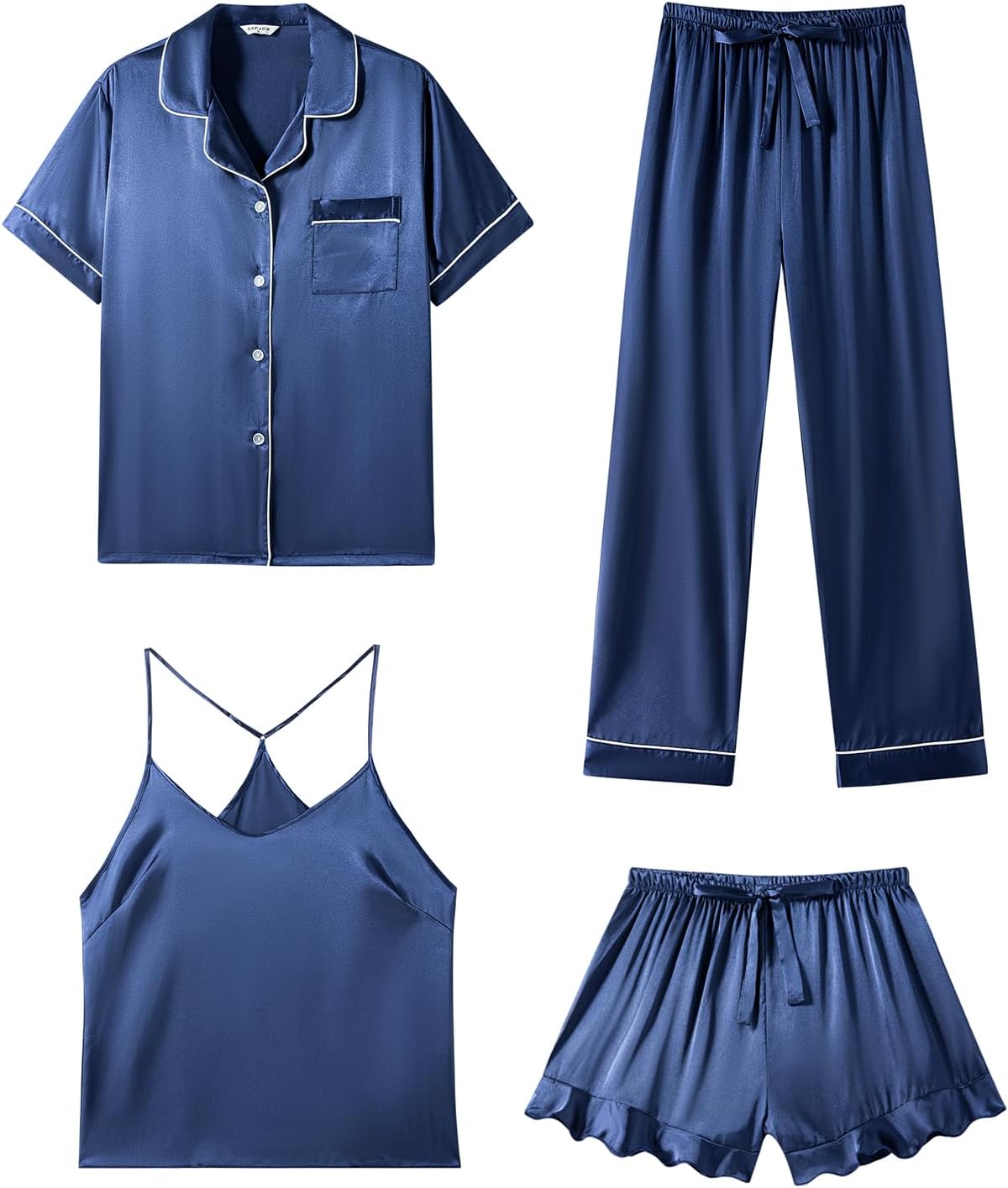 SAPJON Silk Pajamas for Women Set 4Pcs Ruffled Satin Pajamas Set Button Down Short Sleeve Cami Shorts Sleepwear Pj Set