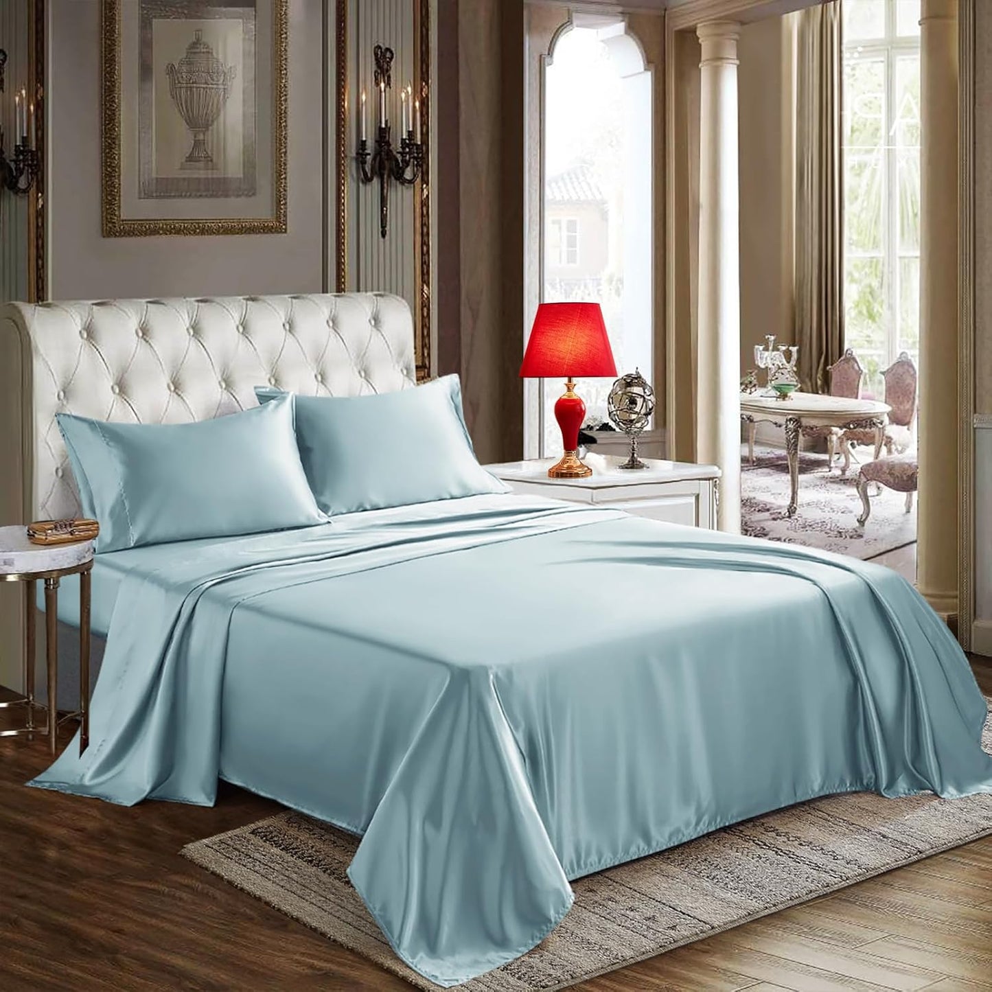 CozyLux Satin Sheets Queen Size - 4 Piece Beige Bed Sheet Set with Silky Microfiber, 1 Deep Pocket Fitted Sheet, 1 Flat Sheet, and 2 Pillowcases - Smooth and Soft