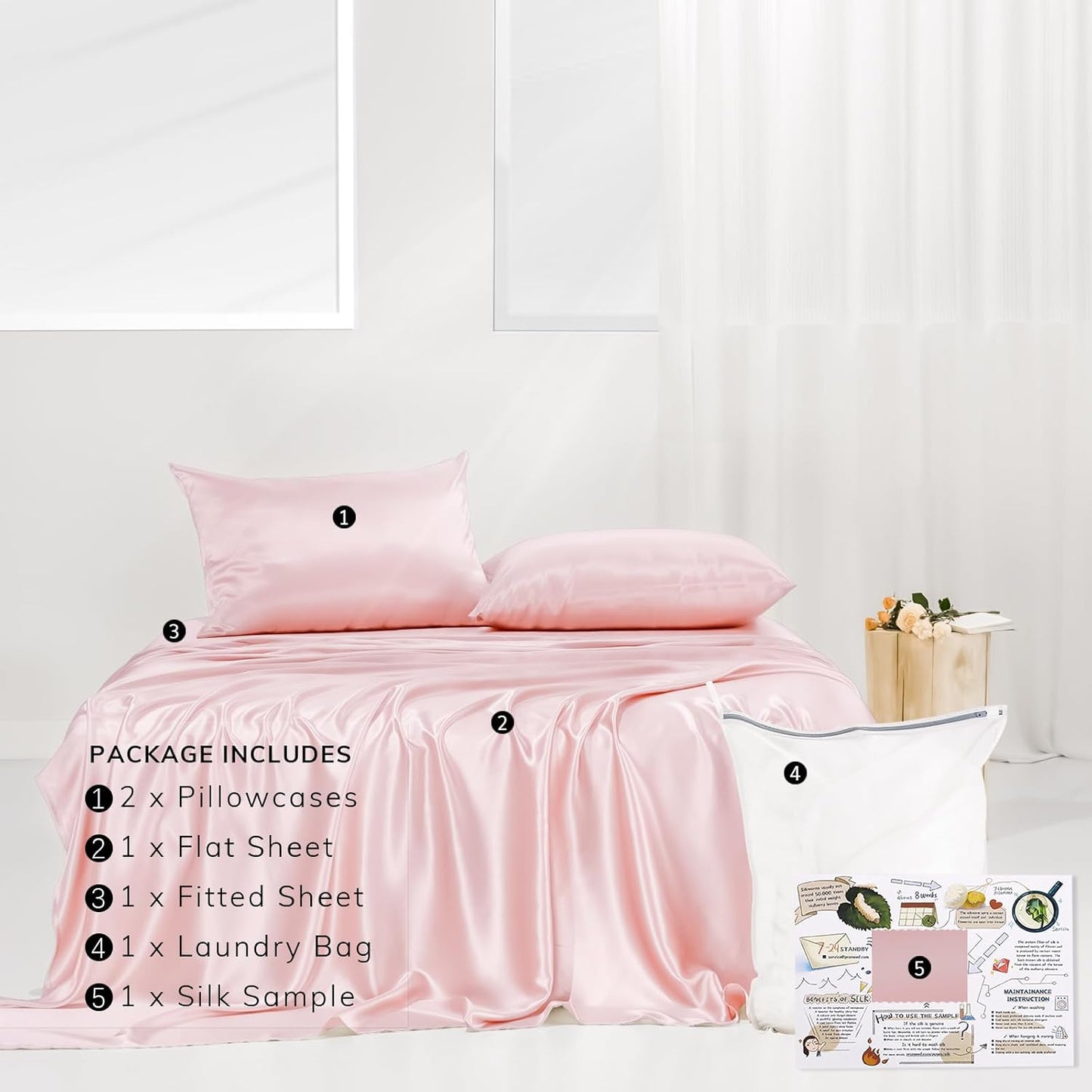 PROMEED Upgraded 23 Momme Pink Silk Sheets Queen Size Set 4 Pieces, Natural Mulberry Silk Cooling Bed Sheets and Pillowcase Sets (Pink, Queen)