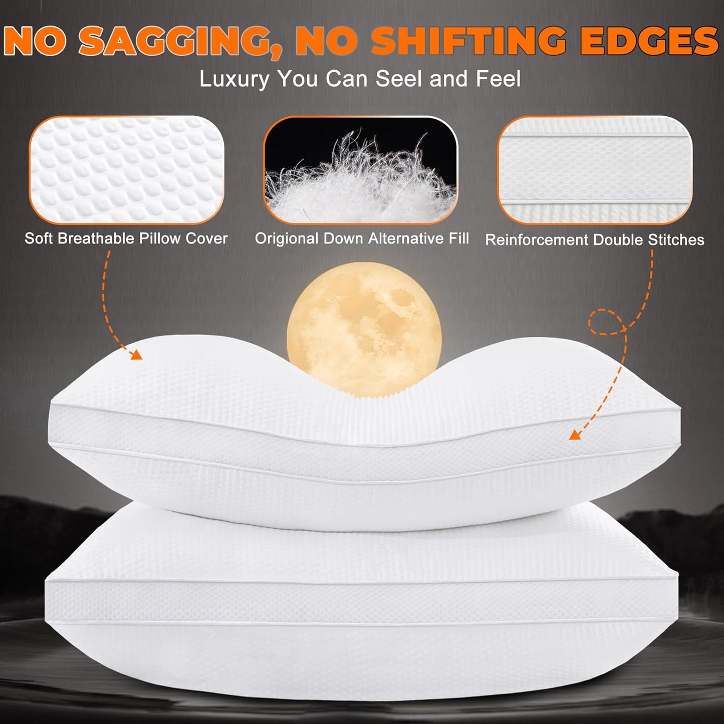 Luxury Hotel Bed Pillows Queen Size Set of 2 – Ultra-Plush Down Alternative, Cooling & Breathable Gusseted Pillows for Back, Stomach and Side Sleepers, Machine Washable