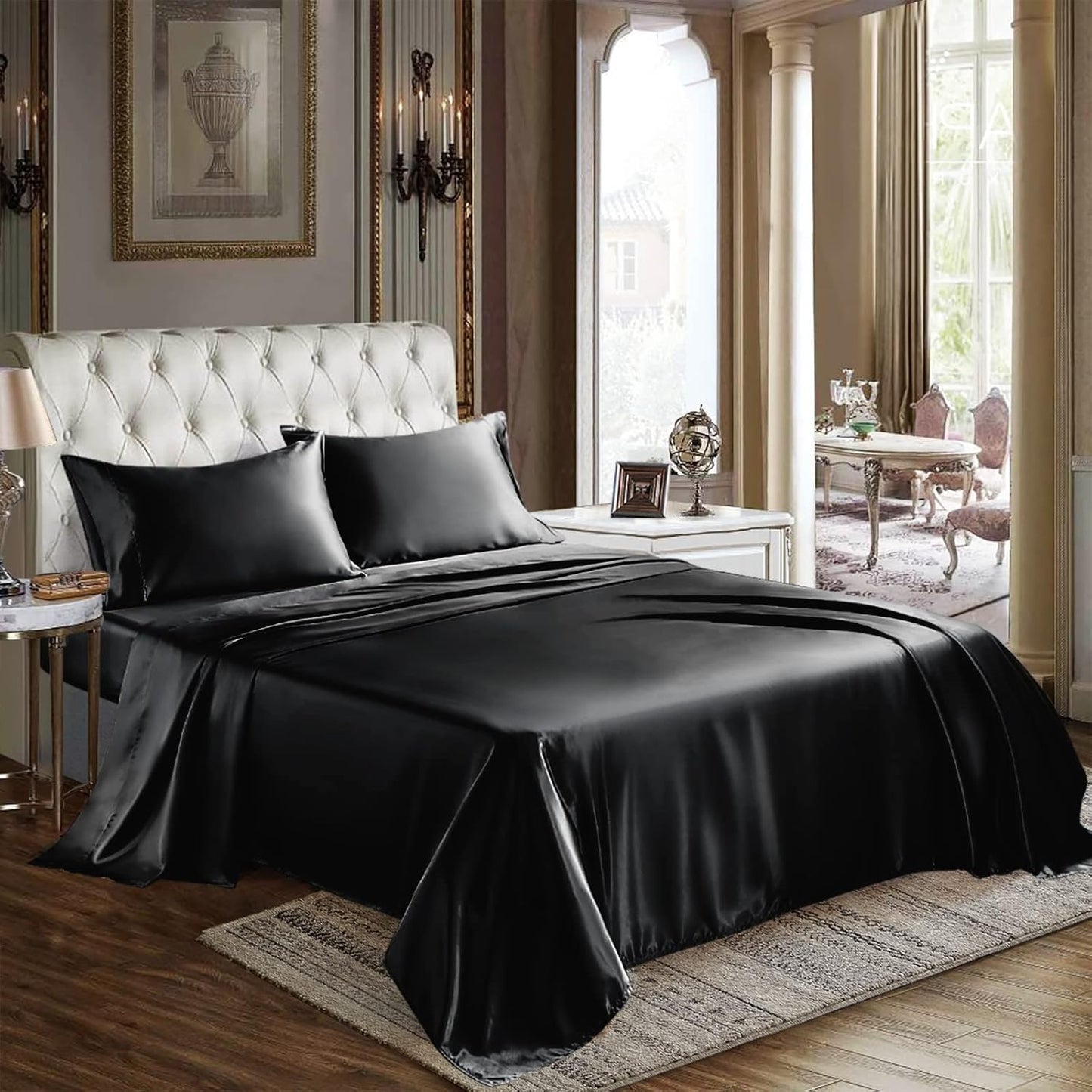 CozyLux Satin Sheets Queen Size - 4 Piece Beige Bed Sheet Set with Silky Microfiber, 1 Deep Pocket Fitted Sheet, 1 Flat Sheet, and 2 Pillowcases - Smooth and Soft