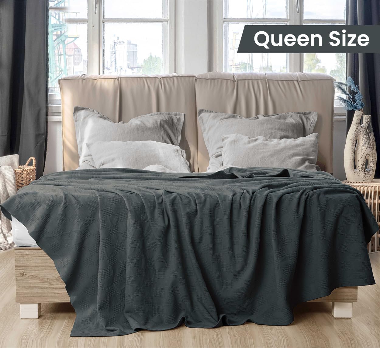 Utopia Bedding Smoke Gray 100% Cotton Blanket [Queen Size - 90x90 Inch] 350GSM Lightweight, Soft and Breathable Thermal Blanket for All Seasons