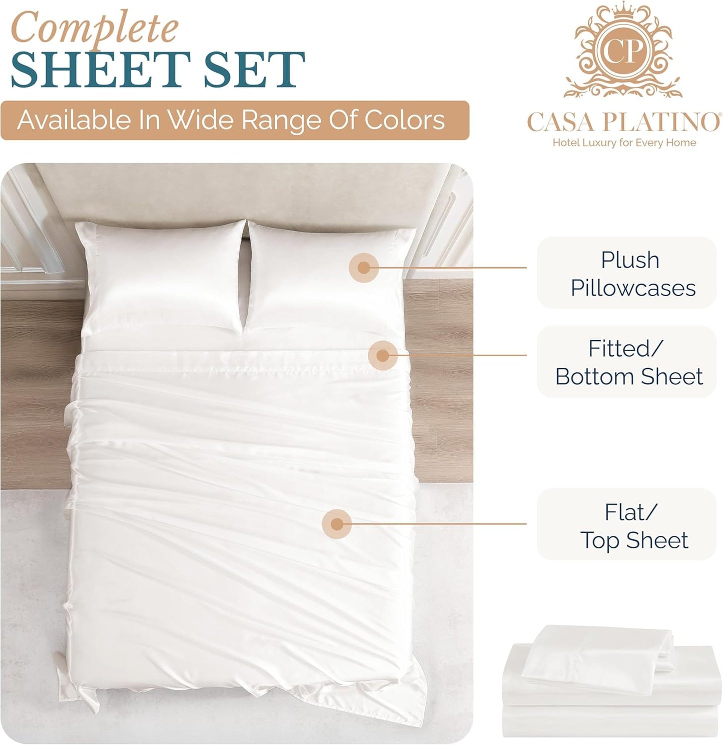 Casa Platino Satin Sheets King Size Set - 4 Pieces - Soft Like Silk - 1 Deep Pocket Fitted Sheet, 1 Flat Sheet & 2 King Pillowcases - Beneficial for Hair & Skin - Wrinke Free - White Bed Sheets Set