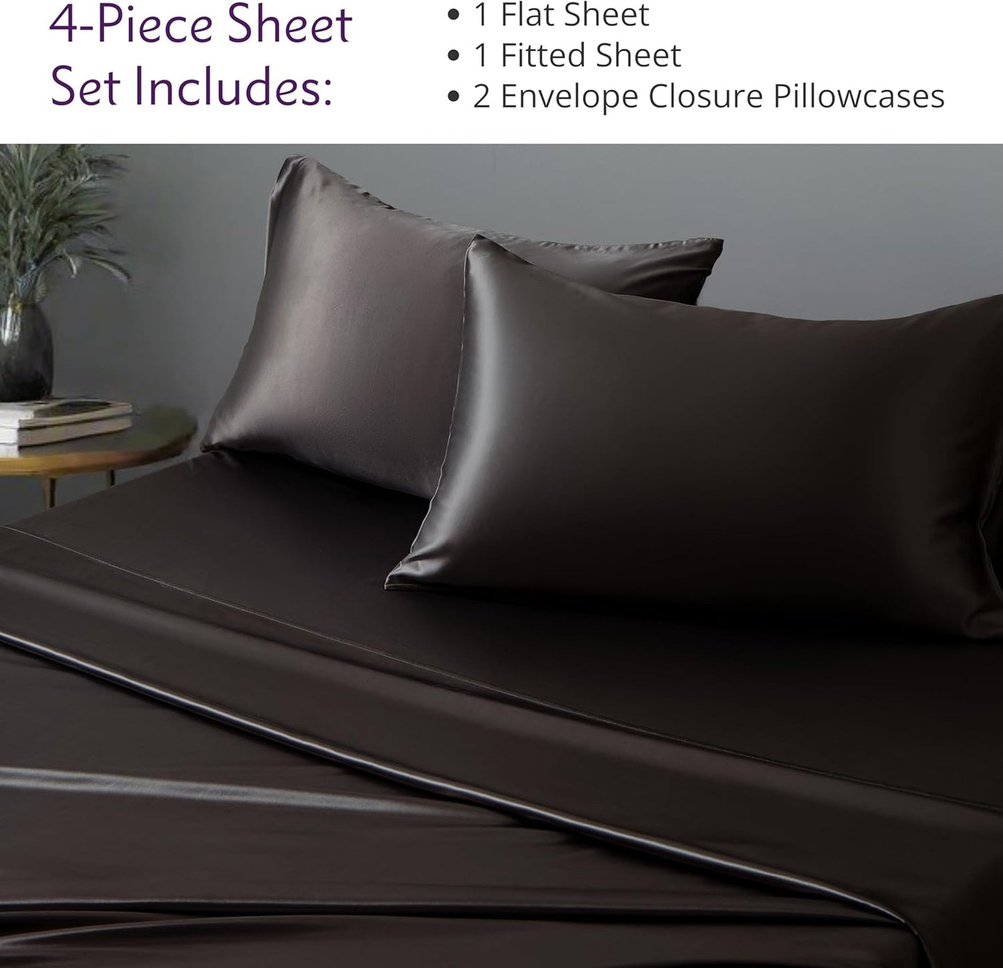 Mulberry Park 100% Pure Mulberry Silk 4-Piece Sheet Set - 19 Momme, Grade 6A - Oeko-TEX Certified - Black, King