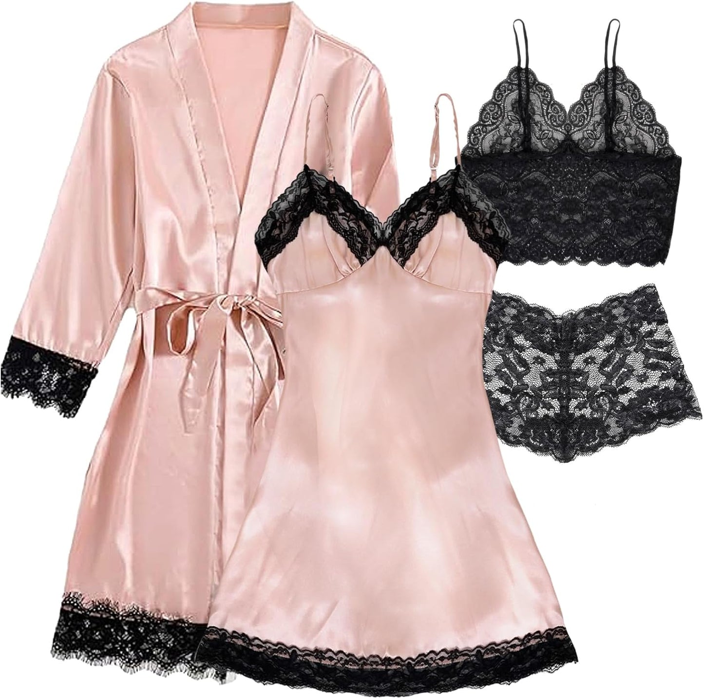 Hellomamma Women's Silk Pajama Set: 4-Piece Satin Robe Lingerie Sexy Sleepwear Lounge Set for Brida Wife Girlfriend