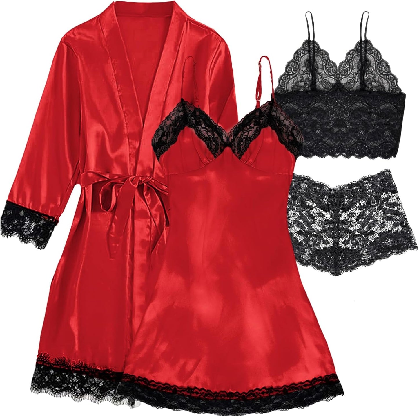 Hellomamma Women's Silk Pajama Set: 4-Piece Satin Robe Lingerie Sexy Sleepwear Lounge Set for Brida Wife Girlfriend