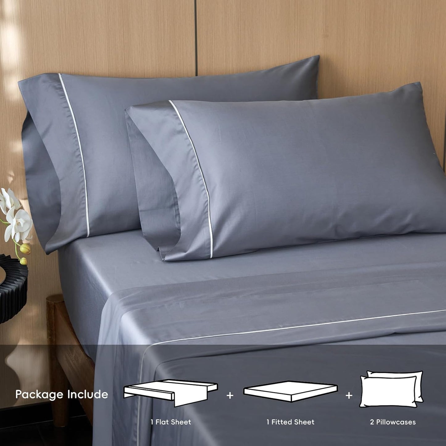 MooMee Queen Sheet Set, 100% Extra Long Staple Cotton 600TC Sateen Weave Cooling Breathable Silky Soft Luxury Hotel Quality Bed Sheets with 17" Deep Pocket - 4 Piece (Blueish Grey, Queen)