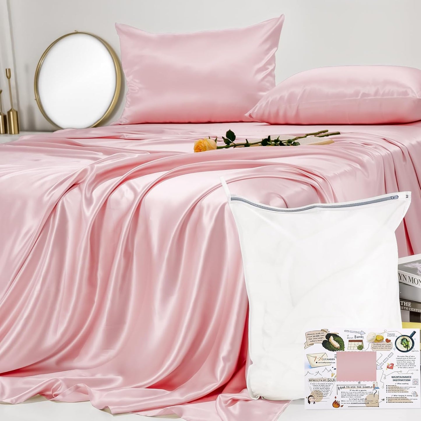 PROMEED Upgraded 23 Momme Pink Silk Sheets Queen Size Set 4 Pieces, Natural Mulberry Silk Cooling Bed Sheets and Pillowcase Sets (Pink, Queen)