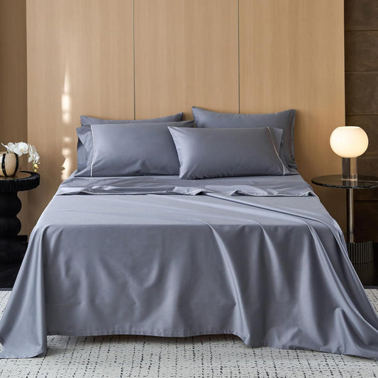 MooMee Queen Sheet Set, 100% Extra Long Staple Cotton 600TC Sateen Weave Cooling Breathable Silky Soft Luxury Hotel Quality Bed Sheets with 17" Deep Pocket - 4 Piece (Blueish Grey, Queen)