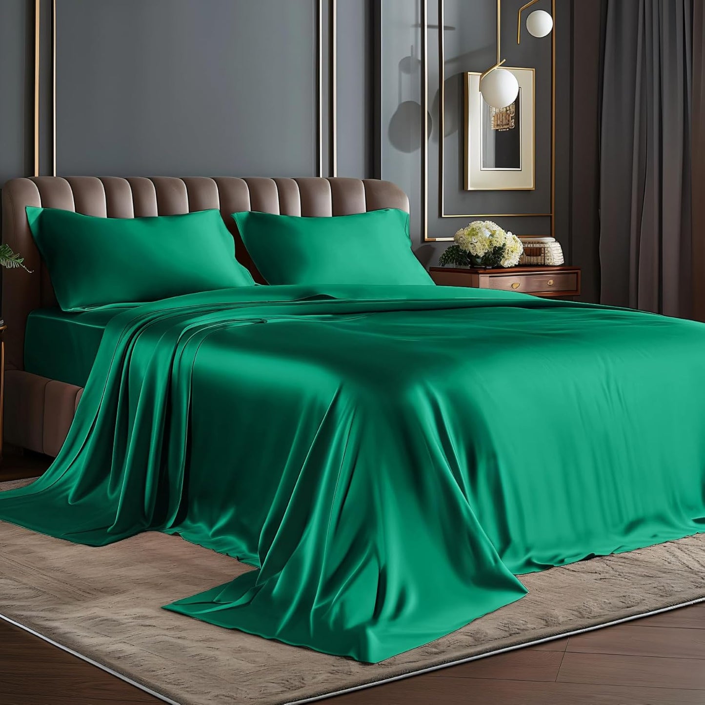 BEDELITE King Size Sheets Set, Luxury Soft Dark Grey Satin Sheets for Hair and Skin, Similar to Silk Bed Sheets Set 4 Pieces with 1 Deep Pocket Fitted Sheet, 1 Flat Sheet, and 2 Pillowcases